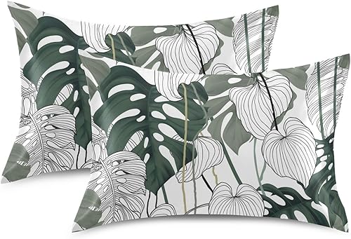 Miniatura 2 de Funda de almohada de satén para cabello y piel, funda de almohada de seda tamaño Queen con patrón de hojas de palma tropicales, fundas de almohada