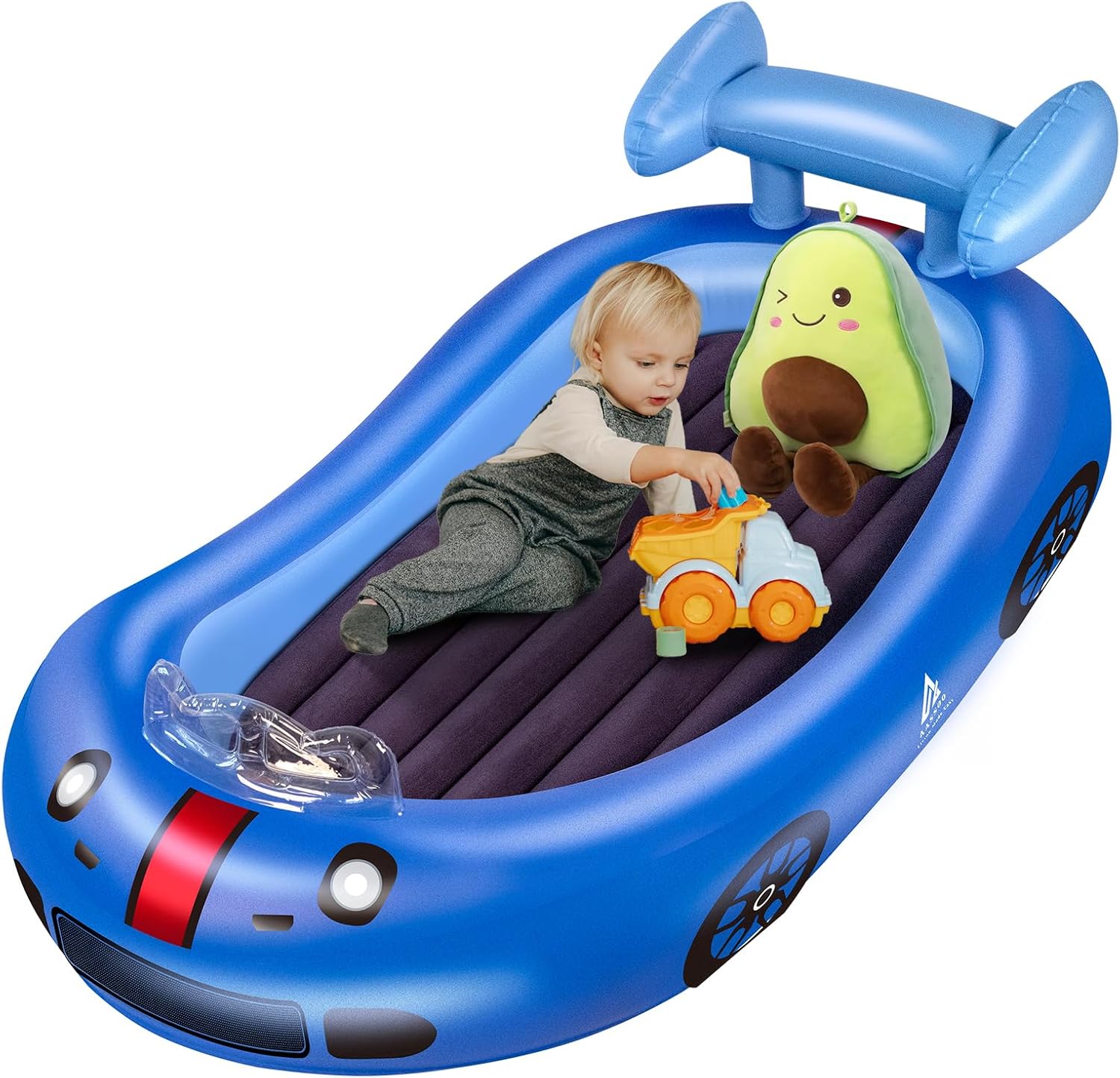 Inflatable Toddler Travel Bed with Avocado Hugging Pillow, Lightweight Portable Raised Sides Racecar Toddler Air Mattress, Kids Blow Up Mattress for Home, Hotel, Camping Use, 300 lbs Max