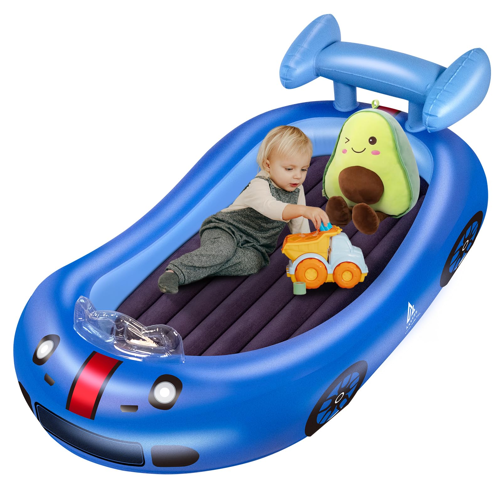 Racecar Inflatable Toddler Travel Bed with 16.5inch Avocado Plush Toy,Christmas Birthday Gifts for Girls Boys 3-12, Upgraded Raised Sides Toddler Air Mattress with Safety Bumpers,Kids Blow Up Mattress