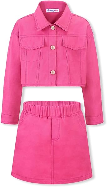 WELAKEN Denim Skirt Sets for Girls Kids & Teen Jean Jacket + Mini Skirts II Girls Clothing Sets