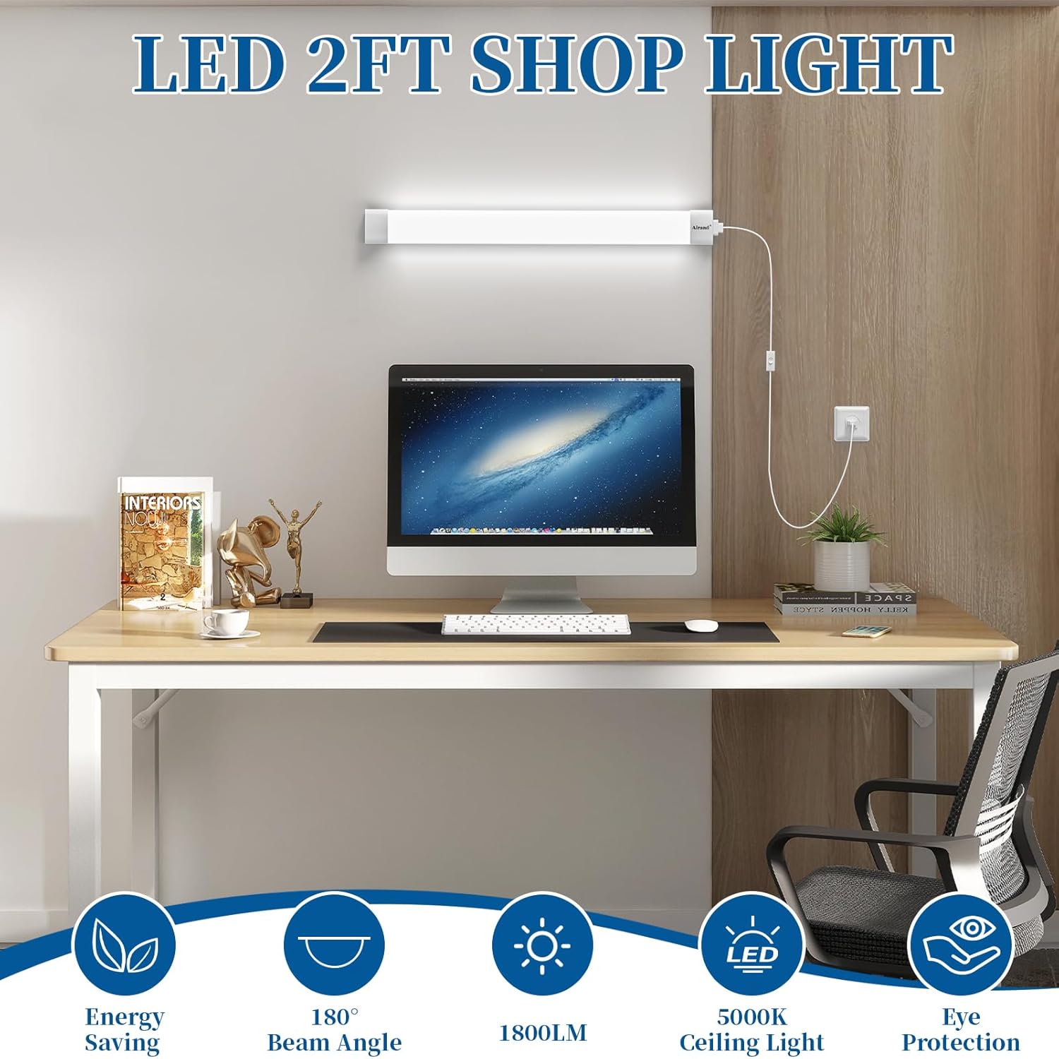 Airand Utility LED Shop Light Fixture 2FT 4FT with Plug, Linkable led Tube Light 5000K Under Cabinet Lighting,1800 LM LED Ceiling and Closet Light 18W, Corded Electric with ON/Off Switch