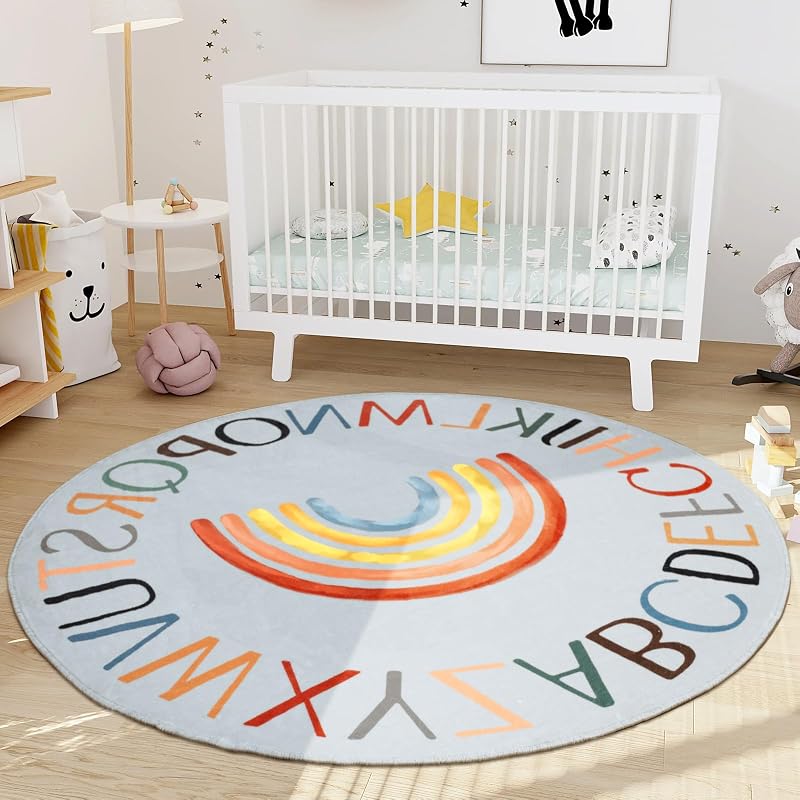 Nursery Rug Round Rainbow Classroom Rug Elementary, Non-Slip Rainbow Rug for Girls Room, Extra Large Learning Carpet for Kids Playroom, Circle Play Mat for Toddlers