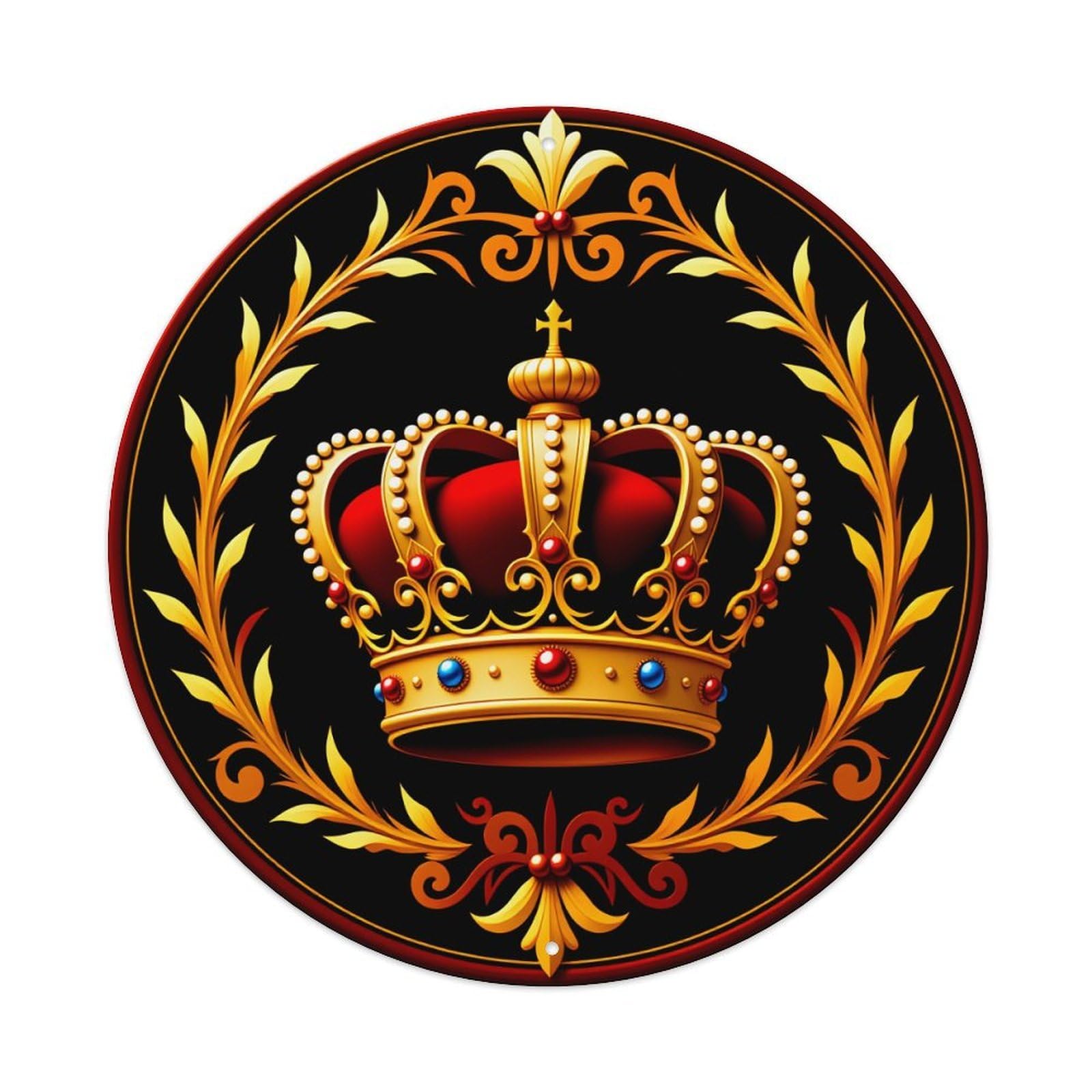 Golden Crown With Red Velvet And Ornate Laurel Wreath Round Vintage Tin Sign,Retro Wall Art,Metal Poster for Home, Bar, Garage, Cafe, Rustic Indoor & Outdoor Decor, 8x8 Inches