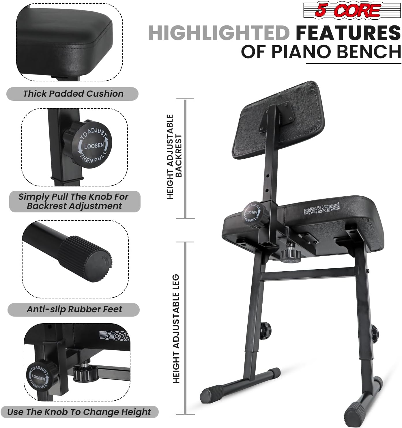 5 CORE Piano Bench 3 Inch Padded Cushioned Stool w Backrest Heavy Duty Musician Chair Height Adjustable Keyboard Seat w Nonslip Rubber Feet Black - PNB B-Rest BLK