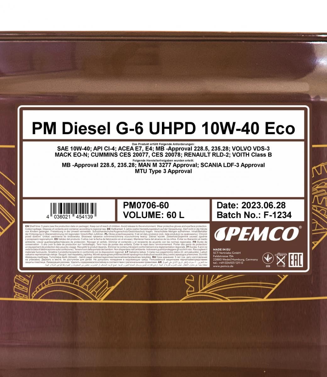 PEMCO Aceite de motor 10W-40 Truck UHPD Aceite sintetico ACEA E7 ACEA E4 API CI-4 API SL DIESEL G-6 Eco 60L Compatible con MERCEDES-BENZ Clase C T-modell S204 Clase E T-modell S212 Clase E Sedán W212
