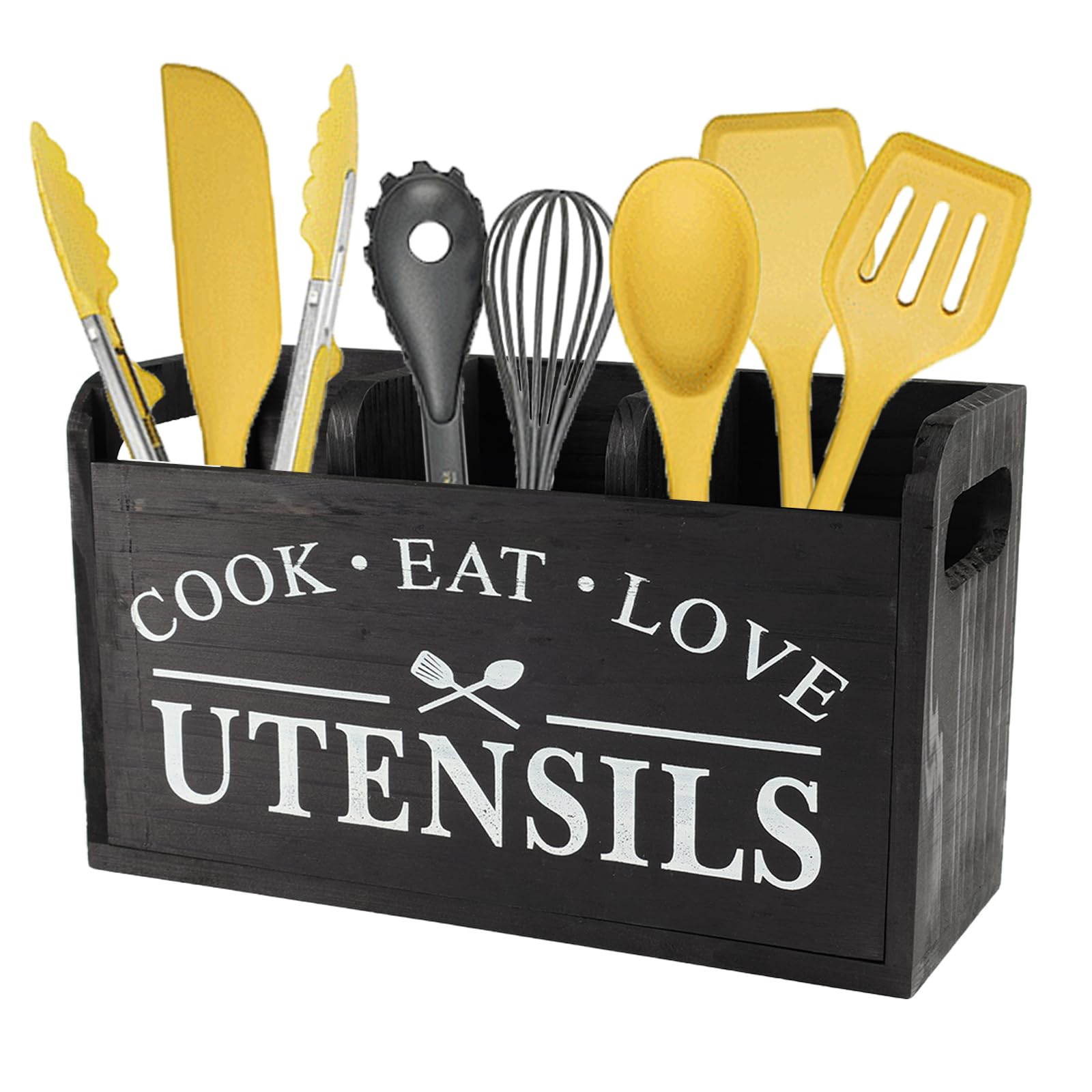 Gzsekken Kitchen Utensil Holder Rustic Utensils Holder Large 3 Compartments with Drainage Bottom Wooden Utensil Holder Cutlery Caddy Farmhouse Wooden Cooking Tools Storage for Countertop Black