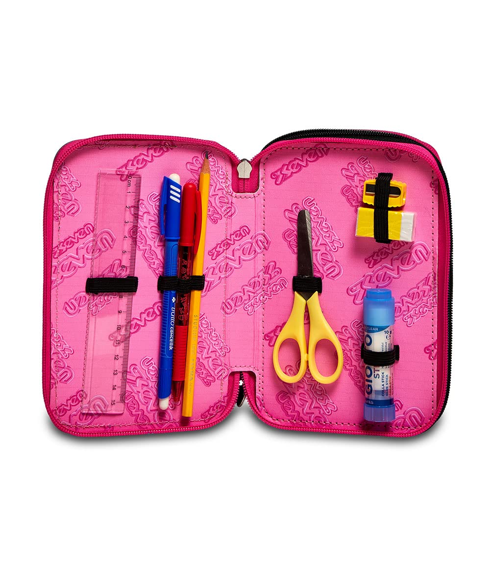 Seven Astuccio Scuola 3 Zip, Rosa Fantasia a Cuori, Glamheart Girl, Portapenne Triplo Scomparto con Matite, Penne e Colori, Accessori Zaino, Scuola, Bambina Ragazza