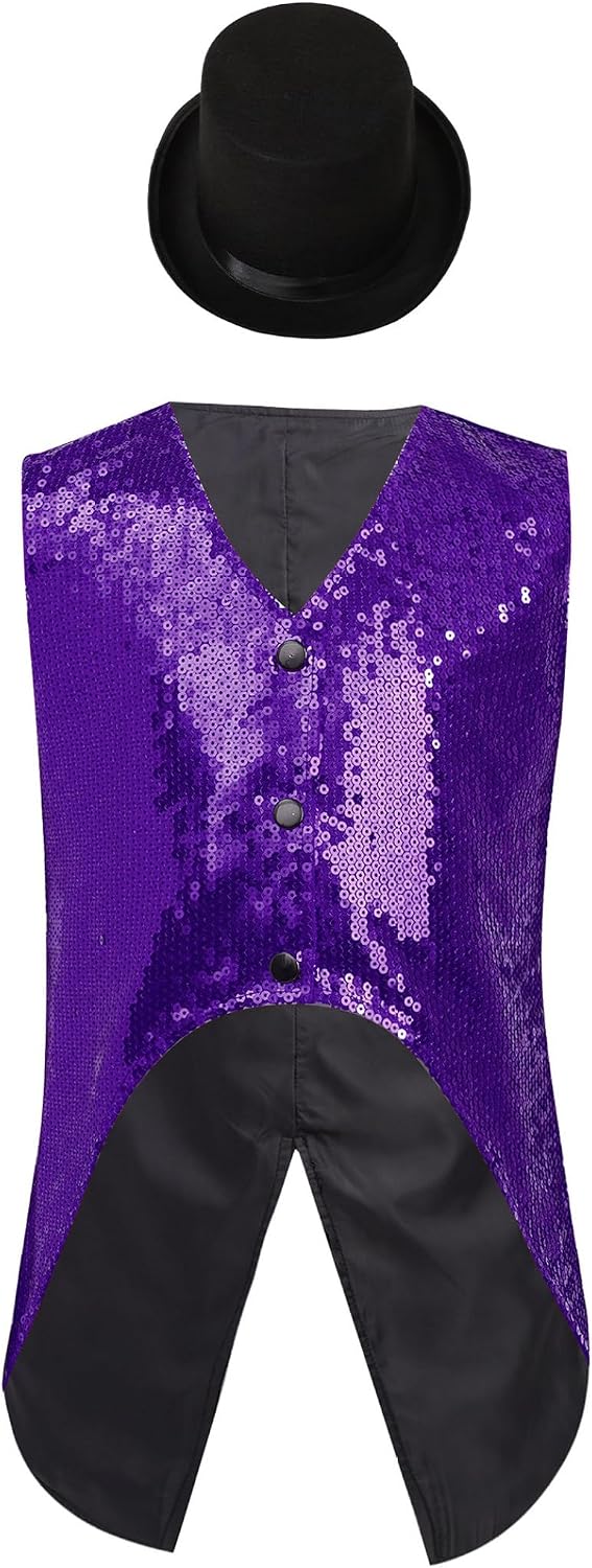 Kids Boys Sleeveless Sparkly Sequin Vest Jazz Dance Performance Top Shiny Swallowtail Waistcoat with Hat
