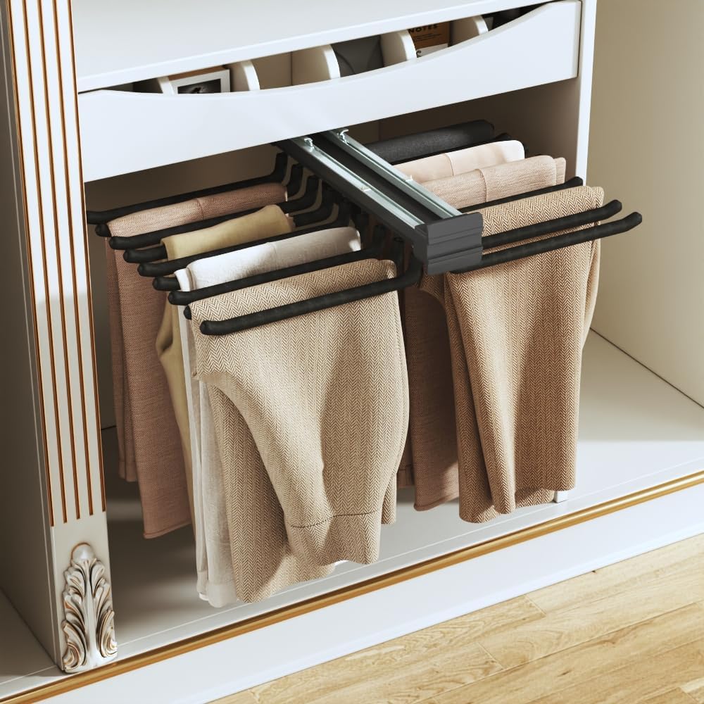 tonchean Pull Out Pants Rack 18 Arms Steel Pull Out Trousers Rack for Closet Hanger Bar Clothes Organizers for Space Saving and Storage 17.9(L) x 23.5(W) x 5.7(H) inch, Black Black 18 Arms