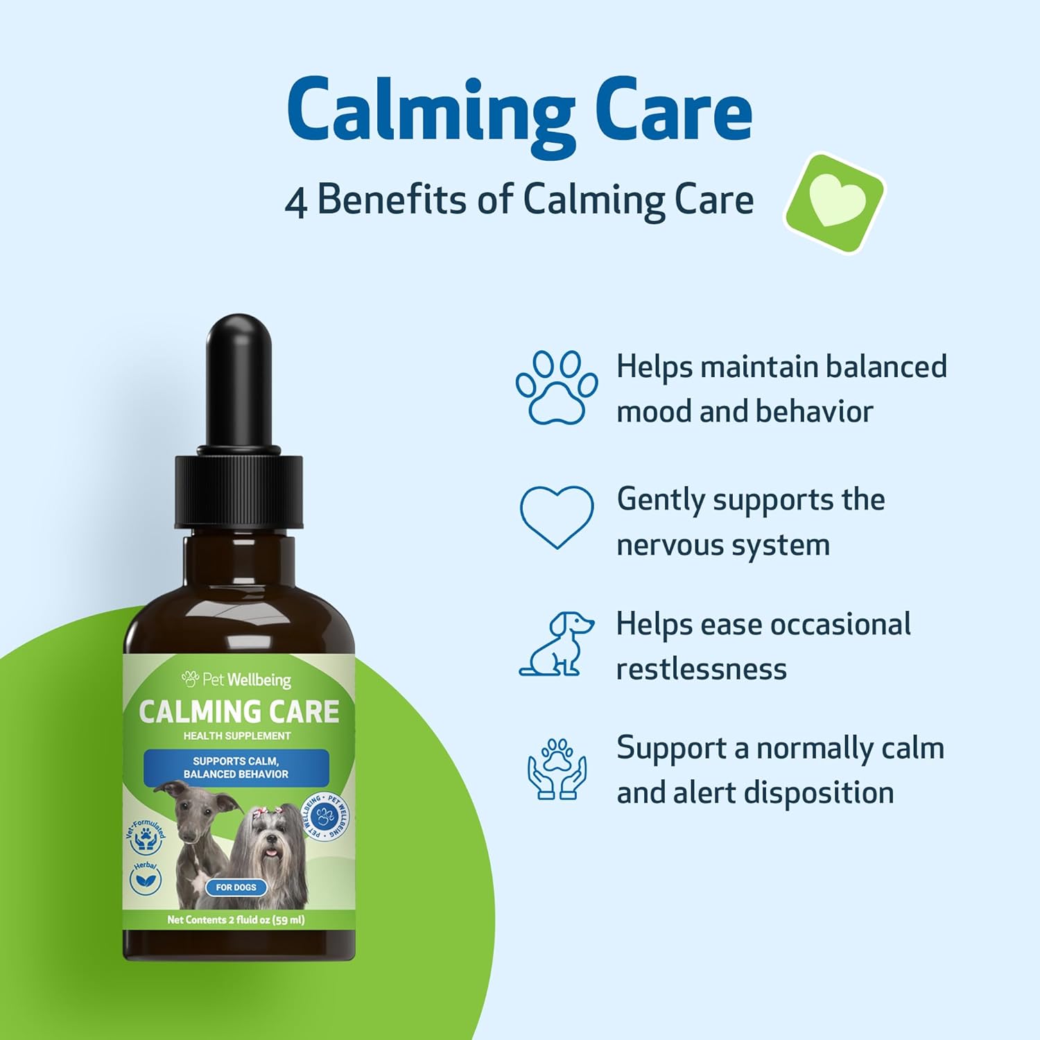 Pet Wellbeing Calming Care for Dogs - Vet-Formulated Holistic Behavior Support - Emotional Balance, Stress Care - Ashwagandha & Holy Basil Adaptogen Blend - Liquid Supplement 2 oz (59ml)