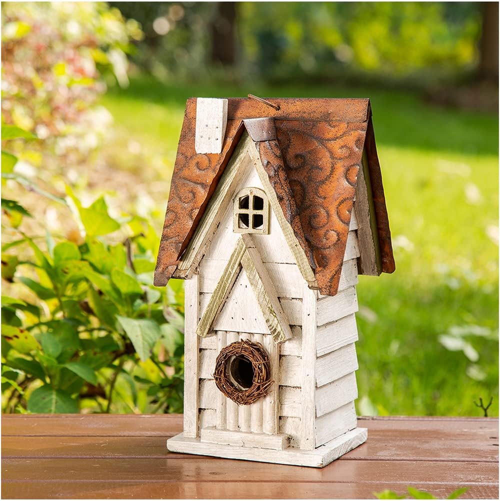 Glitzhome Bird Houses for Outside, 12" H Washed White Distressed Solid Wood Cottage Bird Nesting Box Hanging Bird House for Outdoors, Decorative Birdhouse for Bluebird Wren Sparrow Finch Cardinal