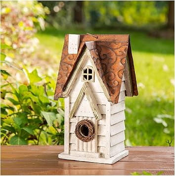 Glitzhome Bird Houses for Outside, 12" H Washed White Distressed Solid Wood Cottage Bird Nesting Box Hanging Bird House for Outdoors, Decorative Birdhouse for Bluebird Wren Sparrow Finch Cardinal
