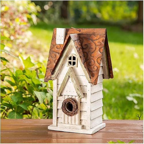 Glitzhome Bird Houses for Outside, 12" H Washed White Distressed