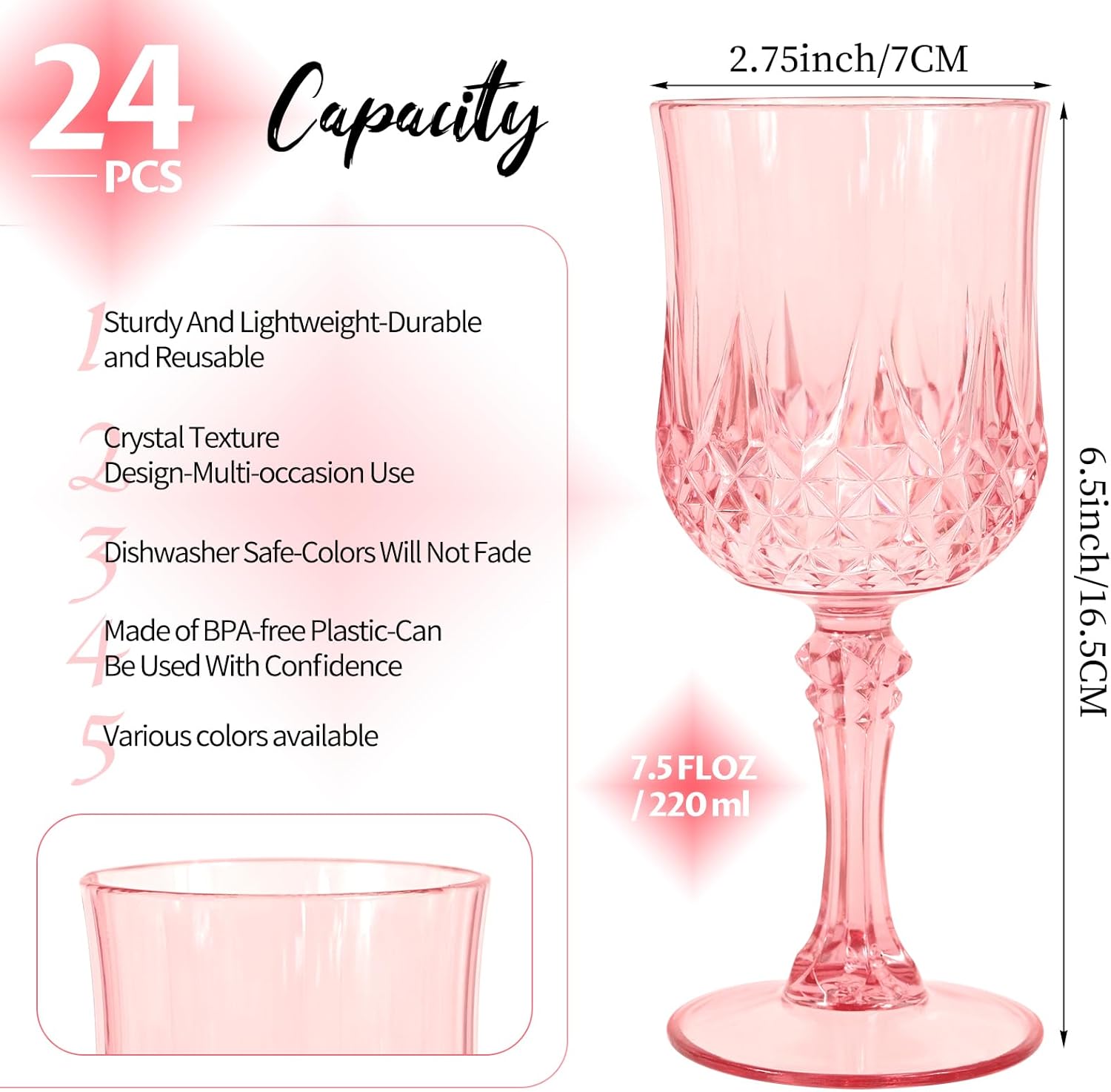 24Pack Pink Plastic Wine Glasses,Vintage Plastic Goblets for Parties, Light Pink Drinking Glasses Crystal Water Goblets Reusable for Wedding Reception, Grand Event Party Supplies