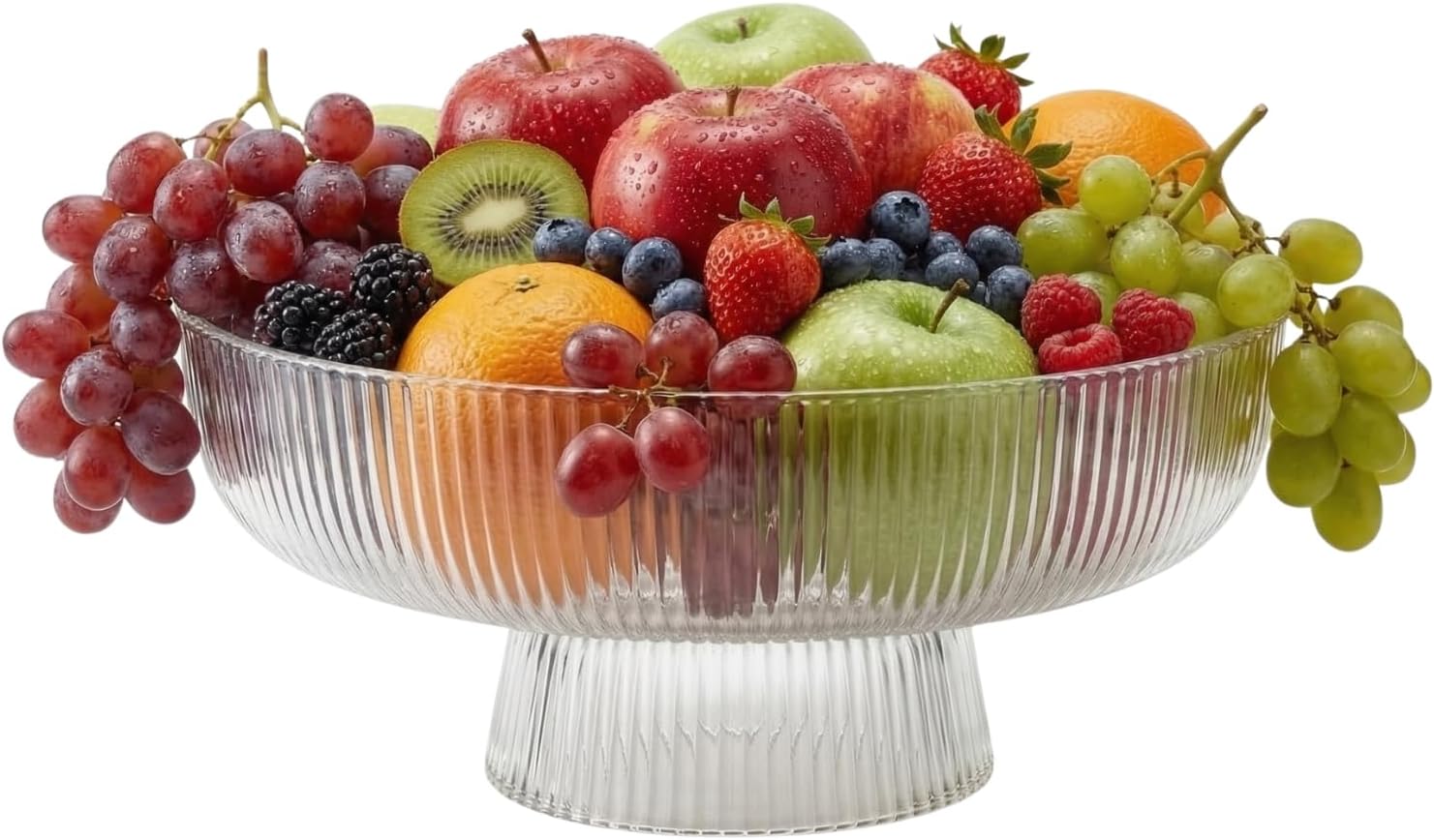 Khen Decorative Fluted Transparent Glass Bowl, Fruit, Snacks Sweets - 10.5" Ribbed Pedestal Serving Dish & Modern Table Centerpiece for Kitchen Dining Decor, Salad Bowl, Elegant Home Gifting, Crystal