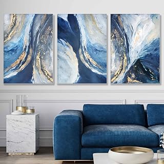 Abstract Blue Canvas Wall Art Neutral Prints for Living Room Bedroom Office Navy Texture Artwork Pictures Home Decor Blue Gold White Canvas Art Painting Navy Abstract Painting 16x24inx3pcs No Frame