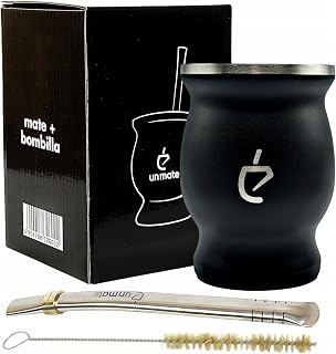UN MATE - Set de iniciación Yerba Mate, taza de acero inoxidable 230 ml, bombilla de acero, cepillo limpiador, set elegante y duradero (color negro)
