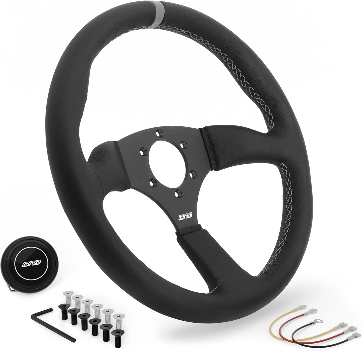 DND Performance Interior's Leather Touring Steering Wheel / 350mm Diameter and 50mm Depth / 6x70mm Bolt Pattern/DND Leather Steering Wheel with Horn Button Included (Colored Stitching) (Red)