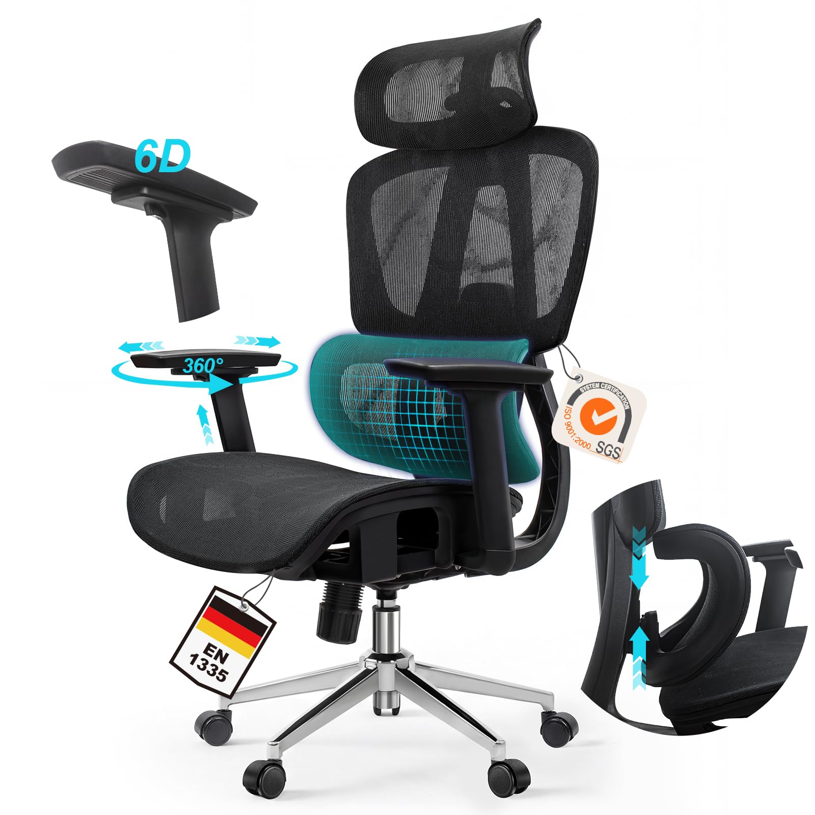 LOONDA Bürostuhl Ergonomisch, Schreibtischstuhl mit Automatischer Lendenstütze (3-Fach höhenverstellbar), 4D-Kopfstütze, 4D-Armlehnen, Atmungsaktives Mesh, Drehstuhl bis 150 kg für Home Office & Büro