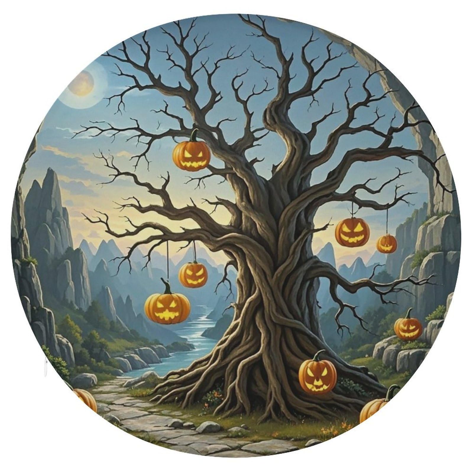 LZQPOEAS Dried Tree Pumpkin Lantern Swivel Seat Cushion with Supportive Memory Foam Comfort Round Bar Stool Cushion 15.3" Diameter Rotating Seat Cushions Fashion Chair Pad for Car Office Home