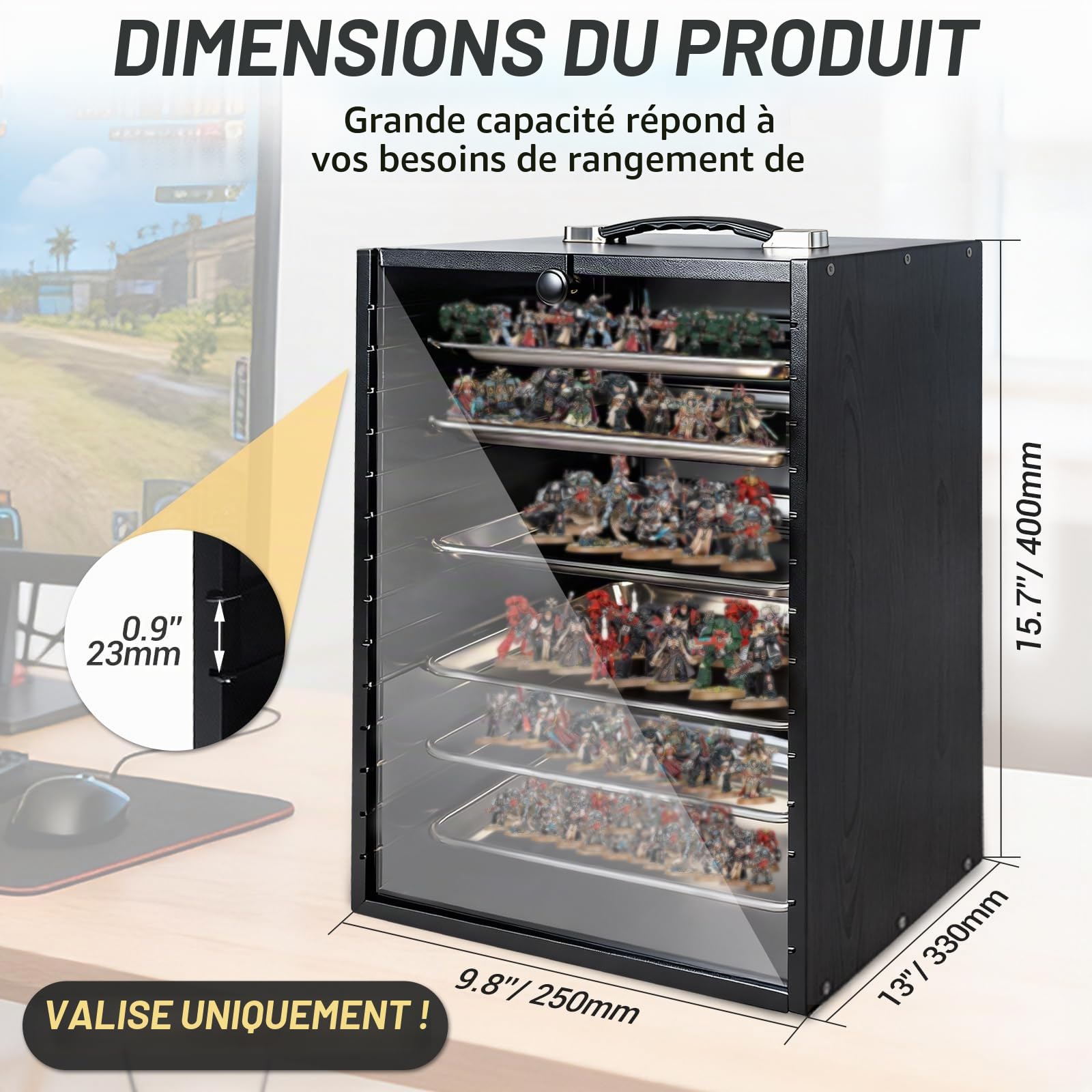 Mallette de transport miniature pour objets de collection, miniatures en bois - Mallette de rangement et de vitrine pour figurines et figurines d'action - Mallette de transport et d'affichage portable