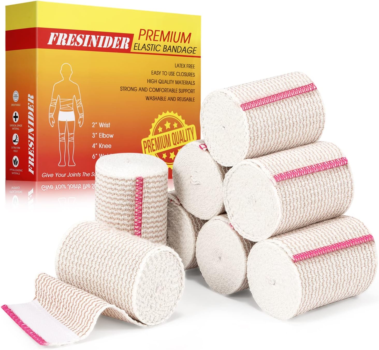 FRESINIDER Premium Elastic Bandage Wrap, 8 Pack 3" Cotton Latex Free Compression Bandage Wrap with Touch Closure at Both Ends, Support &amp; First Aid for Sports, Medical, and Injury Recovery