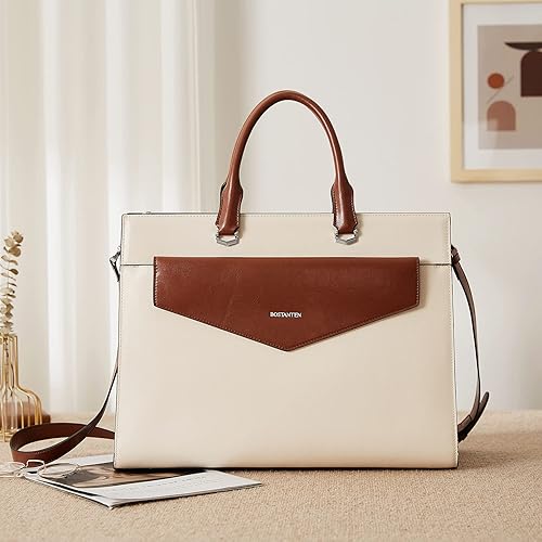Miniatura 7 de BOSTANTEN Maletín para mujer Laptop Tote 15.6 Pulgadas Cuero Genuino Bolso de Trabajo Bolsa Beige