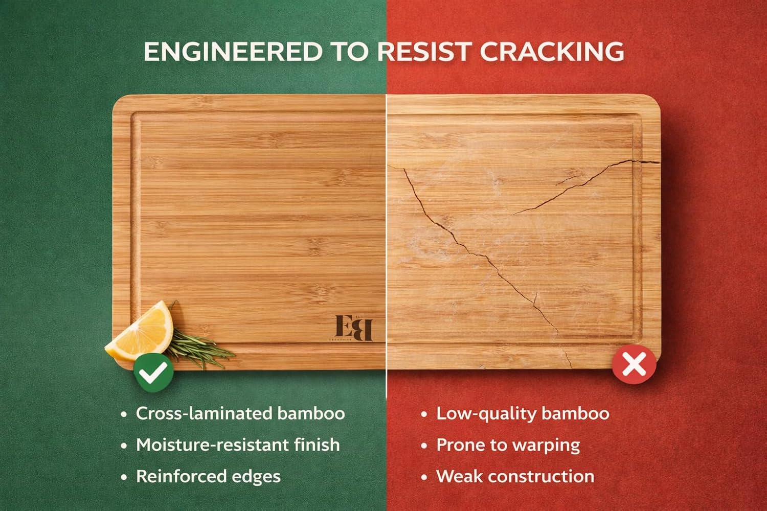 Bamboo Cutting Board Set of 3 (15"×10", 12"×8", 9"×6") – Crack Resistant Boards with Deep Juice Grooves, Handles & Care Guide – Butcher Block for Meat, Veggie & Charcuterie Board