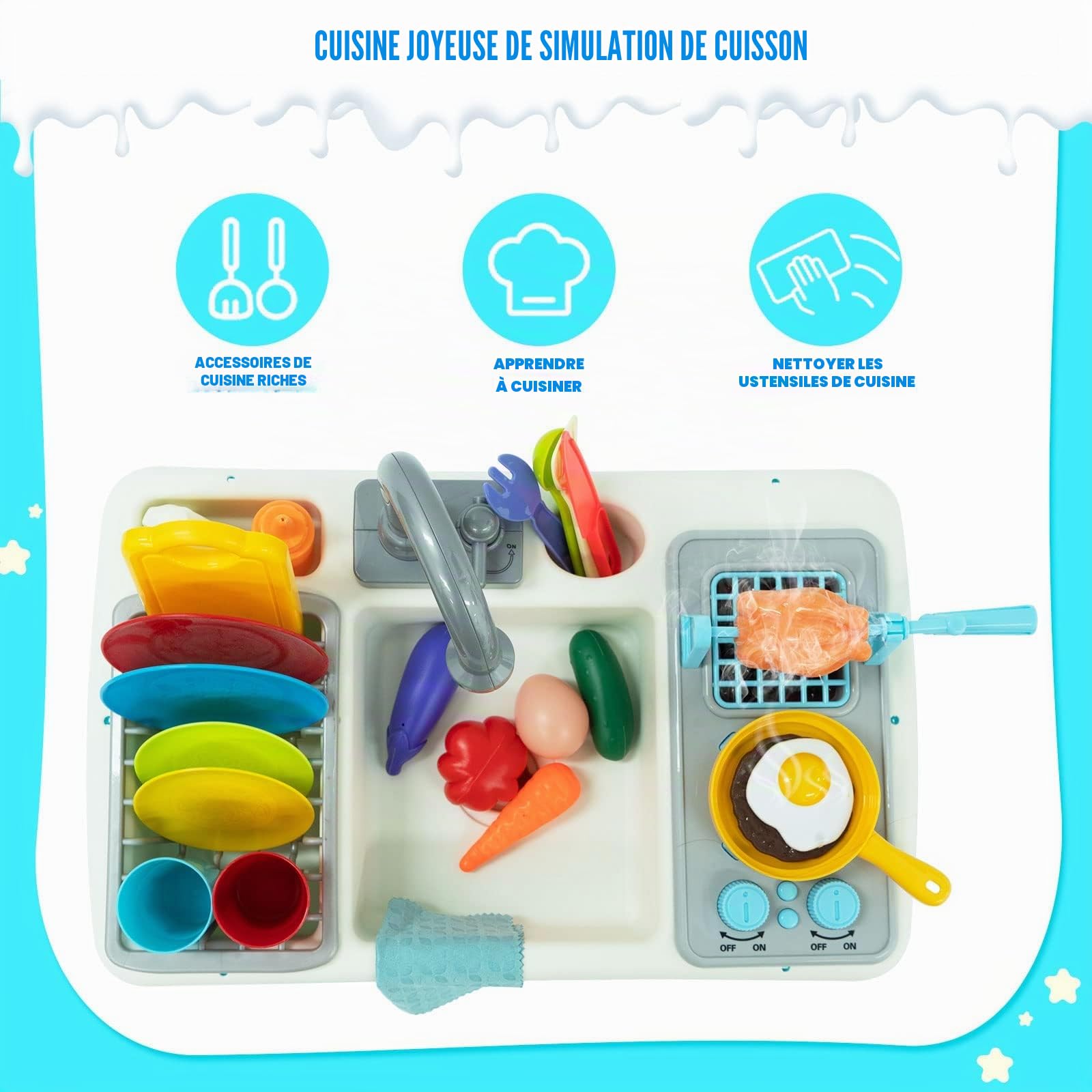 Jouets de Cuisine, Jeu d'évier avec Circulation d'eau et Gril, Robinet Eau Enfant, Jouets Alimentaires pour Enfants Garçons Filles de 3+ Ans