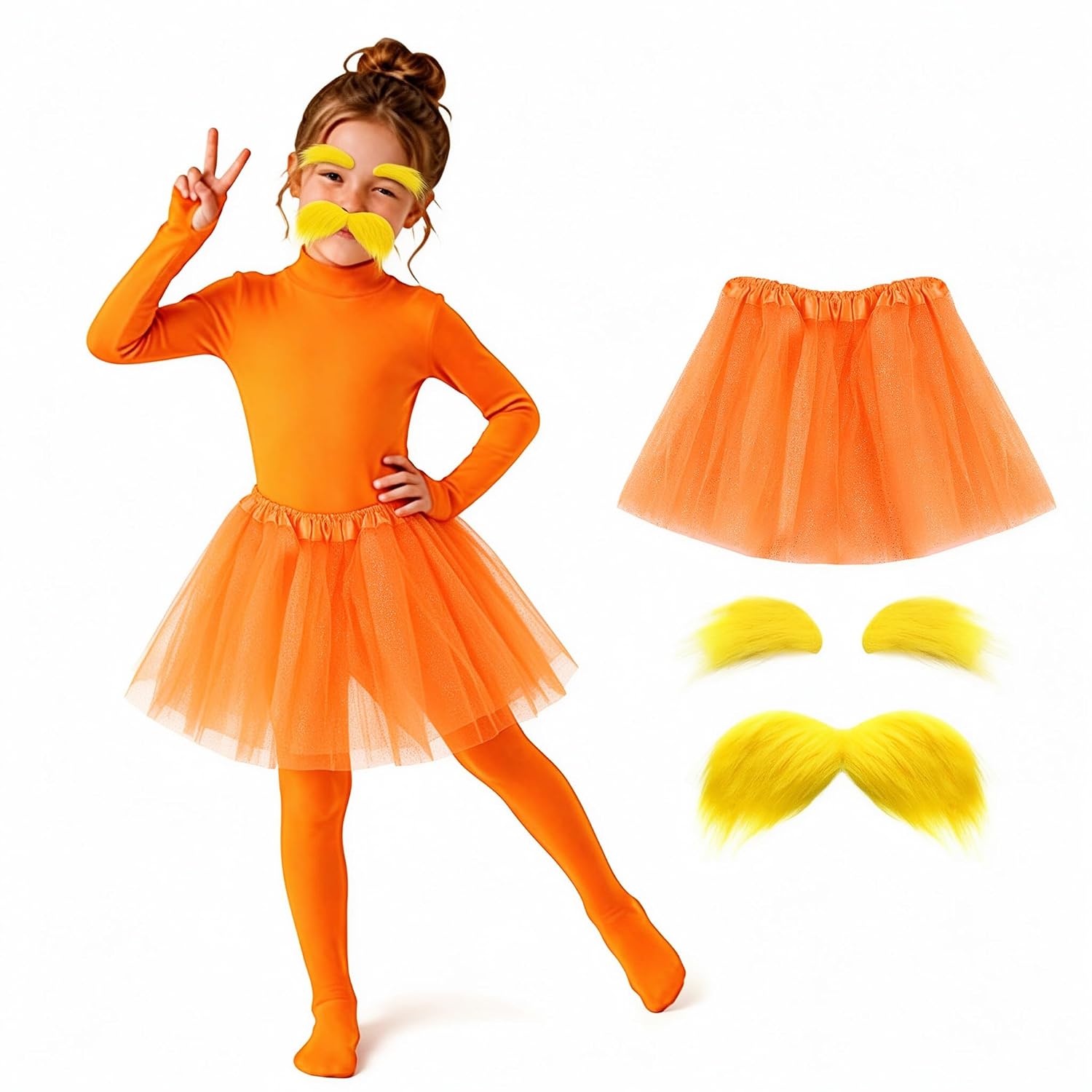 4PCS Orange Jumpsuit for Kids Halloween Cosplay Costume High Stretch Bodysuit Party Outfit with Tutu Skirt Mustache Eyebrows (A0a3-Orange, 3-4 Years)