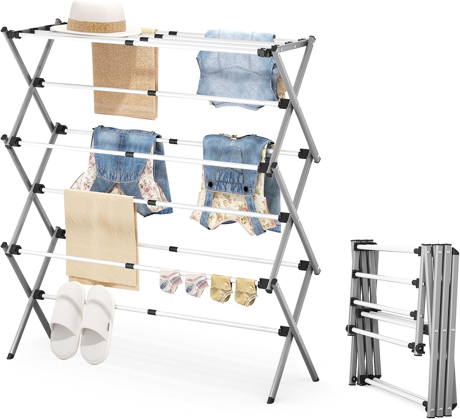 Etendoir Linge Interieur 3 Niveaux Pliable SYKIARIOL - Sechoir a Linge Extensible et Gain de Place - Métal Durable pour Intérieur/Extérieur (Noir)