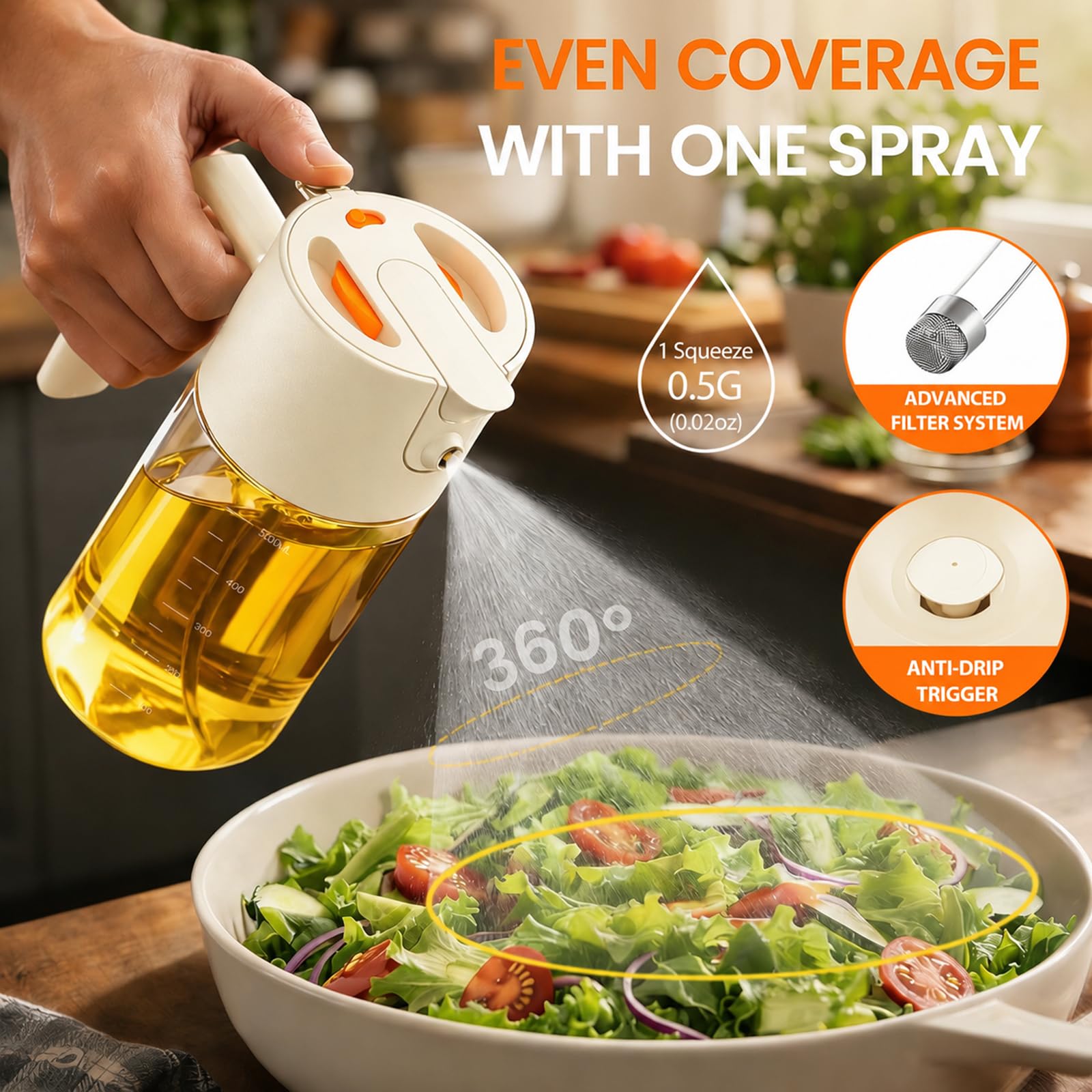 Pulverizador de aceite para cocinar, botella dispensadora de aceite de oliva 2 en 1 para cocinar, pulverizador de aceite de oliva de vidrio de 17 onzas, patentado, spray continuo con control de