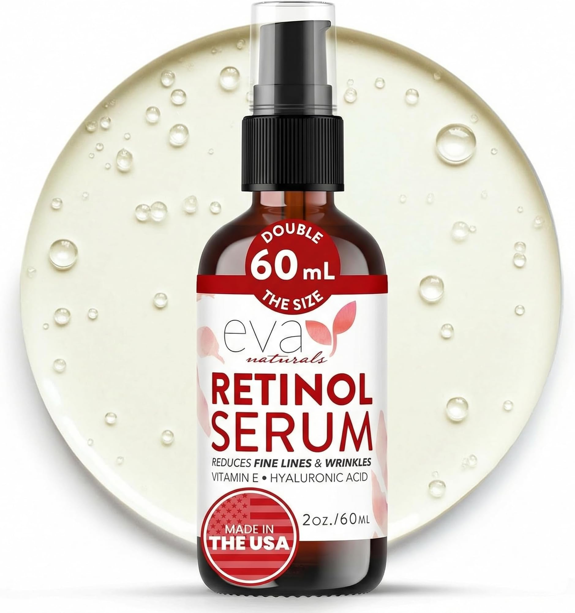 Retinol Serum 2.5% by Eva Naturals (60 ml, Double-Sized Bottle) - Best Anti-Aging Serum, Minimizes Wrinkles, Helps Prevent Sun Damage, and Fades Dark Spots - Vitamin A Retinol with Hyaluronic Acid