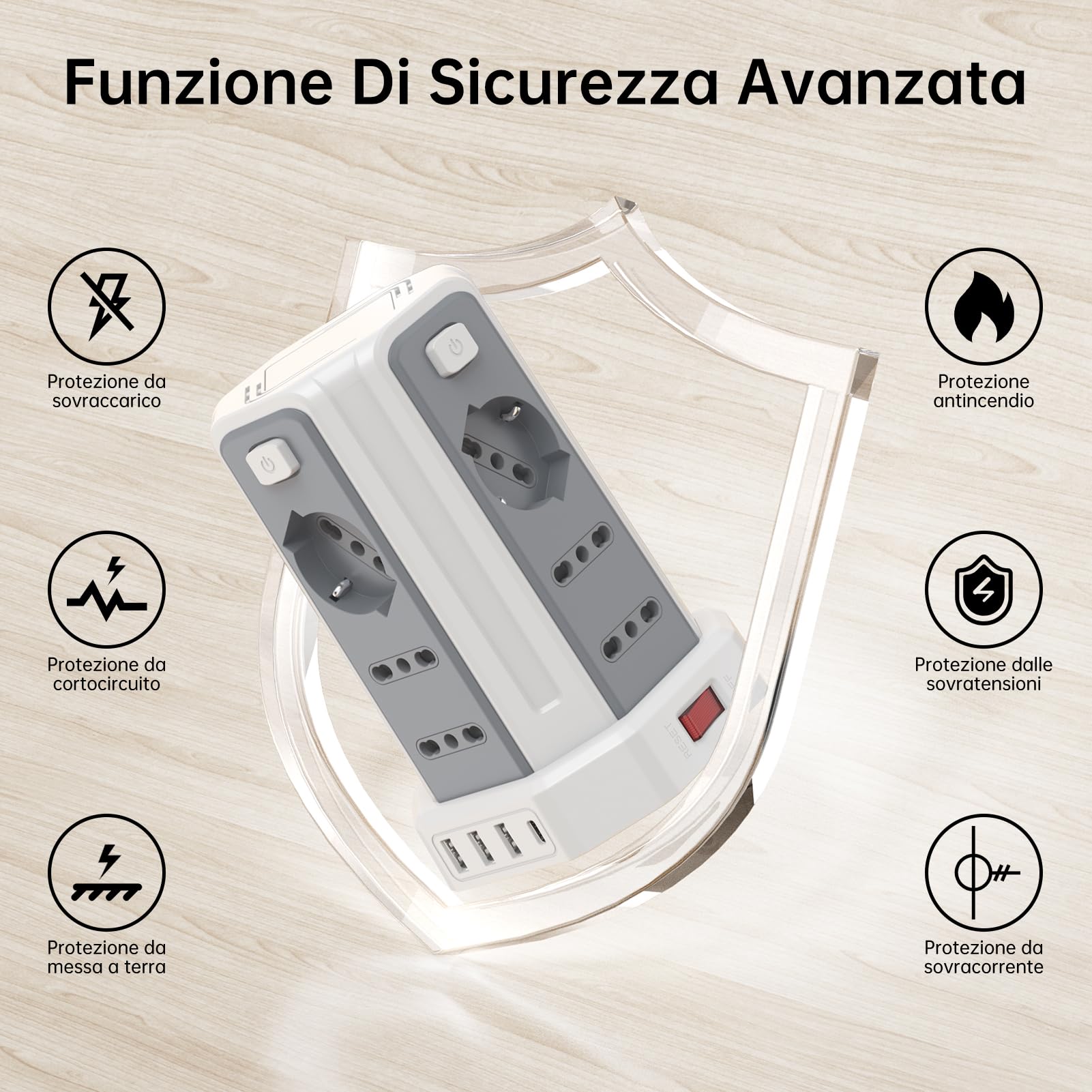 Regleta eléctrica multitoma de 5 metros con 12 tomas universales 10/16 A ITA y Schuko y 3 USB A+1 USB C protección Sobretensión con 4 interruptores independientes, blanco