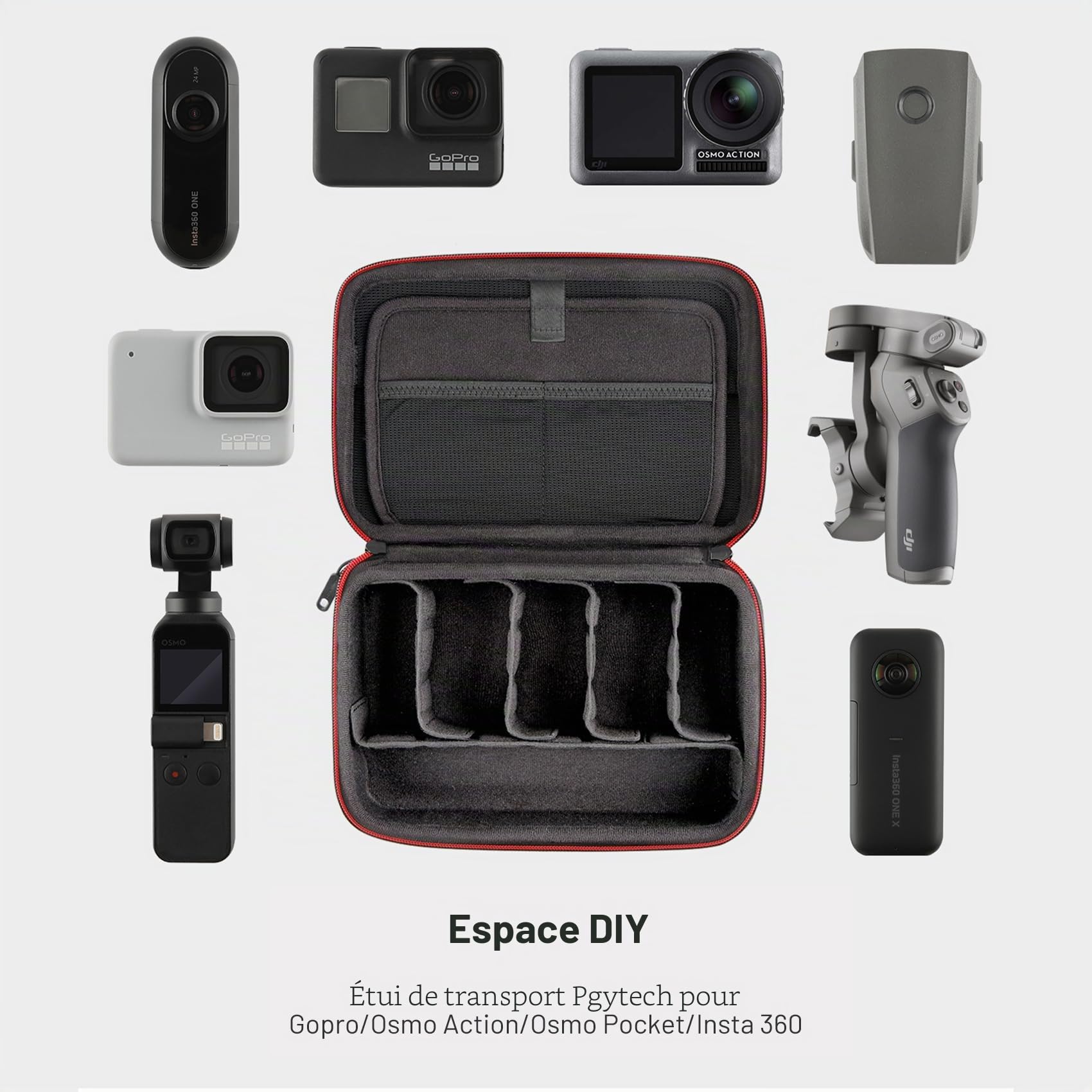 PGYTECH Boîte de Rangement pour Appareil Photo Boîte de Rangement Sac à Main pour Gopro Hero, pour Insta360 Ace Pro 2/X5, pour DJI OSMO 360/Action 6/Pocket 4/3/Xiaoyi Batterie Sac de Transport