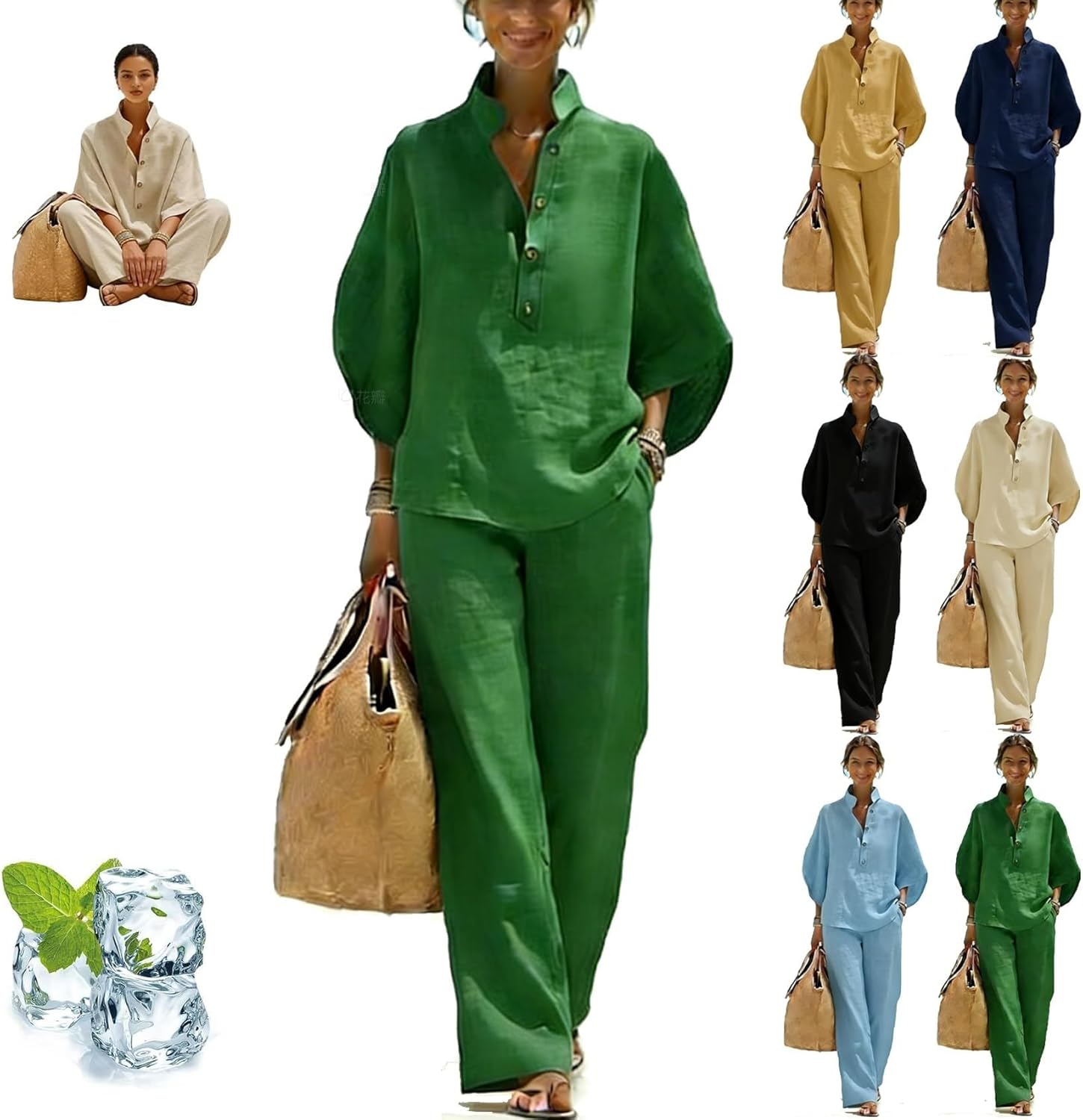 Women’s Batwing Sleeve Linen Cotton Two-Piece Set, Linen Pant Sets Women 2 Piece Outfits, Womens Linen Set