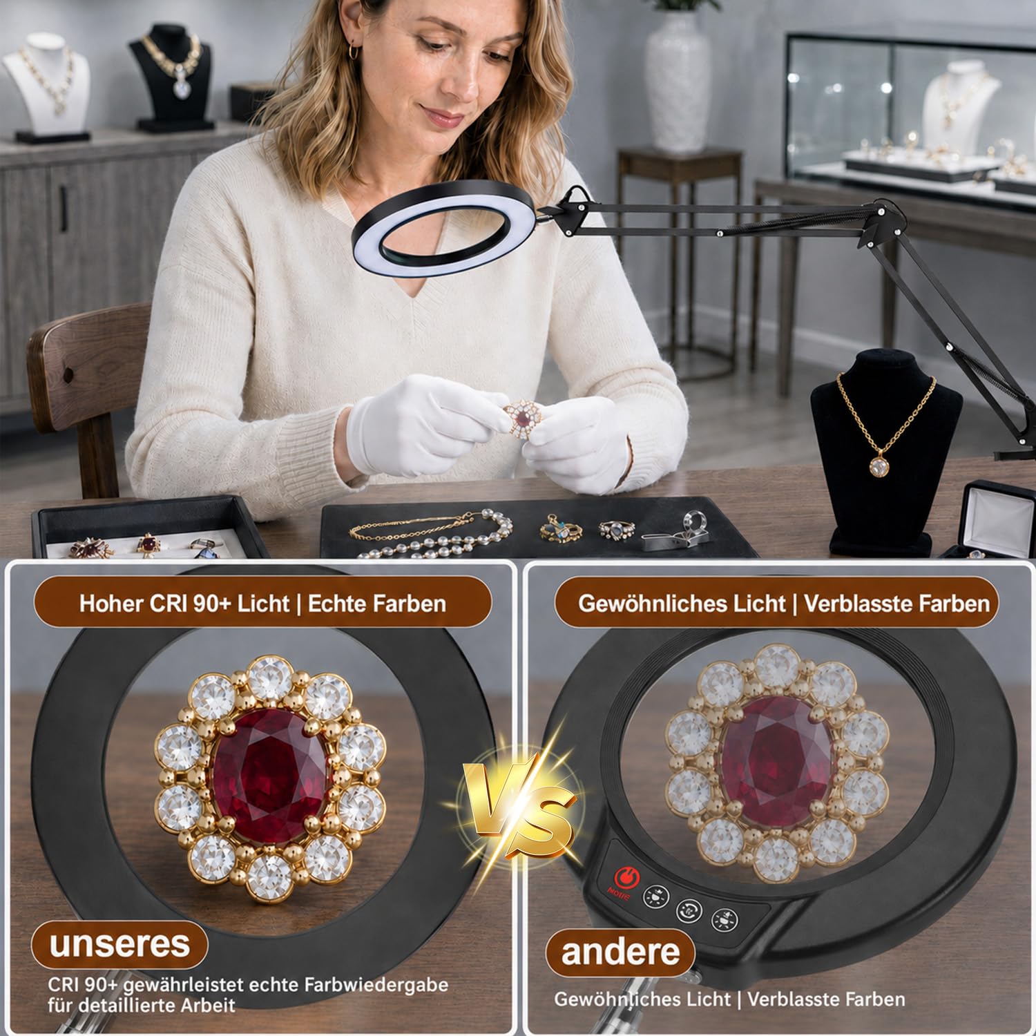Lampada con lente di ingrandimento a LED con morsetto, ingrandimento fino a 15 volte a seconda della distanza, lampada dimmerabile con 3 modalità di colore, lente d'ingrandimento da tavolo con luce