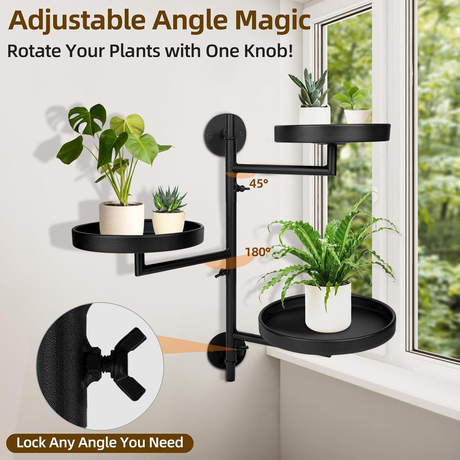 Rotating Window Plant Shelves with Adjustable Knobs, 3 Tiers Metal Wall Shelf for Plants Indoor, Sturdy Hanging Plant Holder, Window Wall Decor & Gardening Gifts (Black)