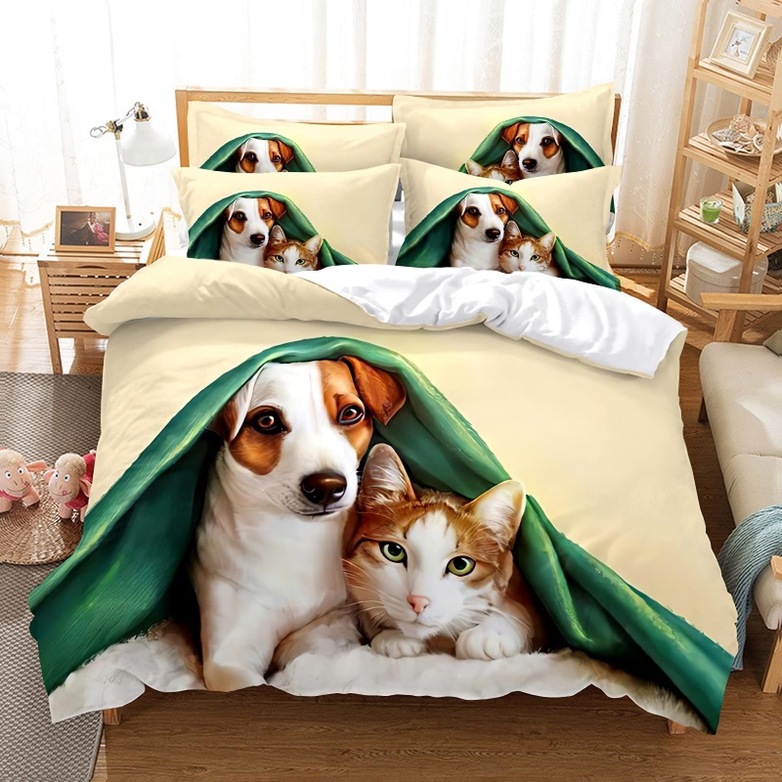 Housse de couette 160x200 anti-plis en microfibre douce chat et chien