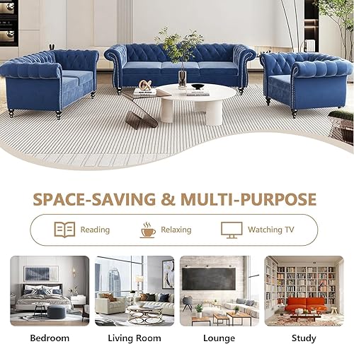 Miniatura 6 de QHITTY Juego de sofá de 3 piezas para sala de estar, sofá modular Chesterfield, contemporáneo, tapizado, de terciopelo, para sala de estar, oficina,