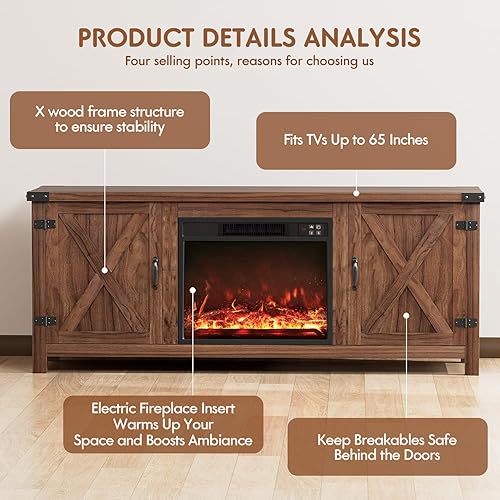 Miniatura 5 de YESHOMY Soporte de TV con chimenea con dos puertas de granero y armarios de almacenamiento para televisores de hasta 65 pulgadas, mesa consola