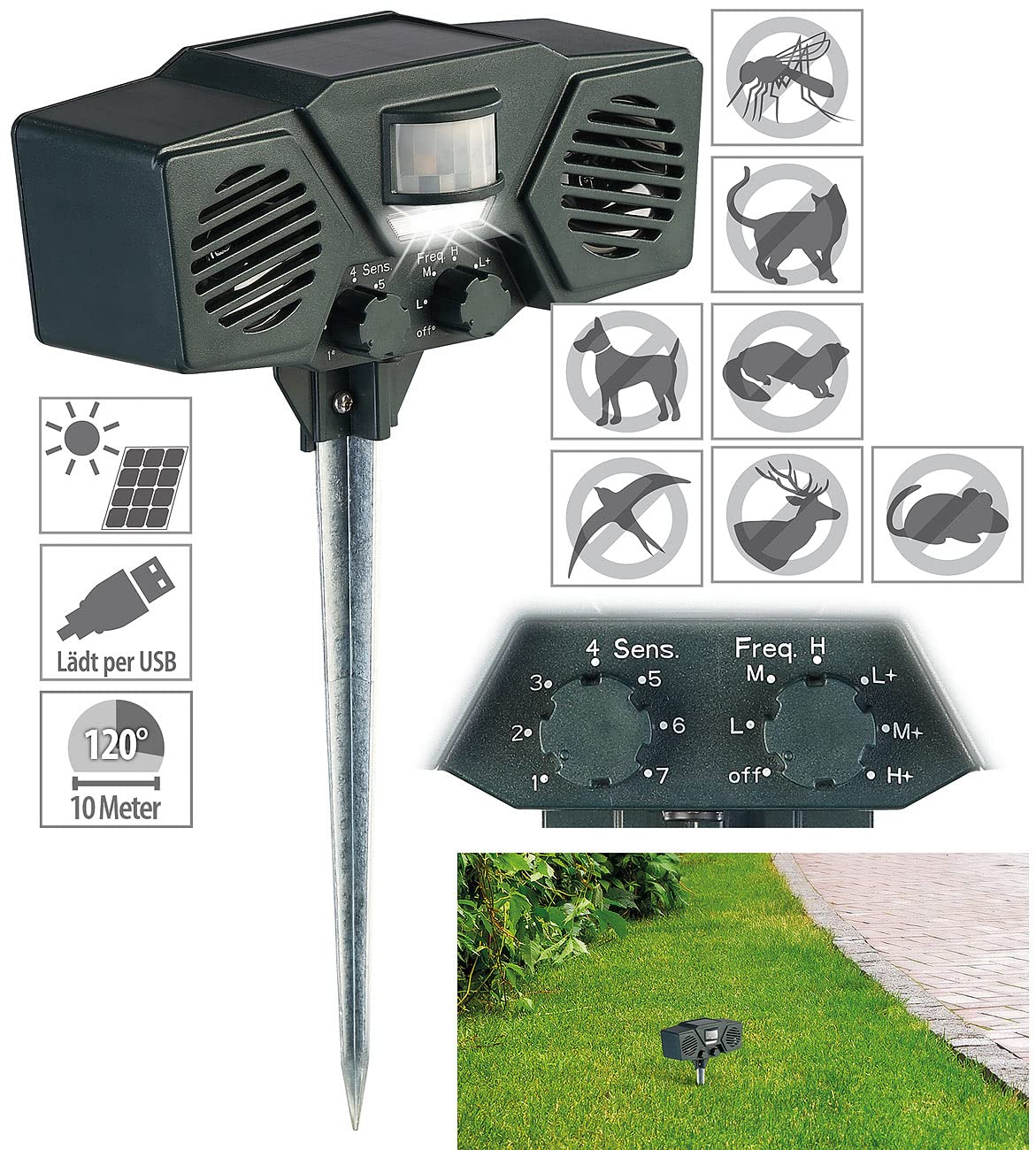 Exbuster Vogelschreck: 2er-Set Duo-Ultraschall-Solar-Tierschreck, Blitzlicht, Bewegungssensor (Wildabwehr, Elektrischer Katzenschreck, Maus)