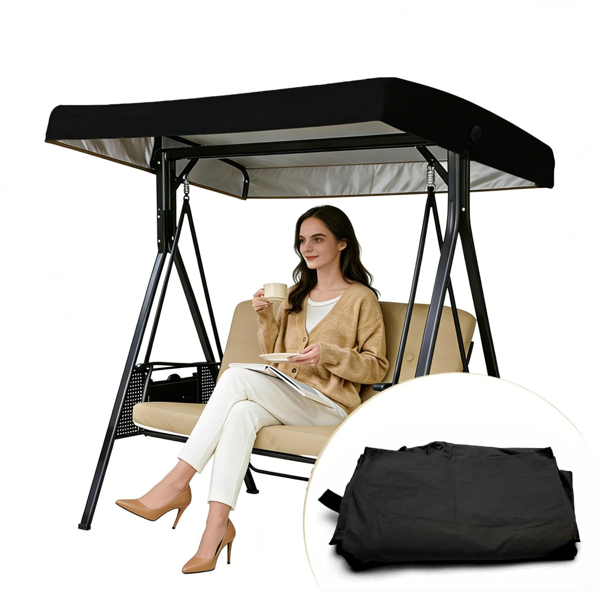 WFXXZL Outdoor Swing Cover 2 3 Triple Seater, Garden swing canopy outside Swing Canopy Replacement Top cover for Porch Patio Hammock Seat(Black)