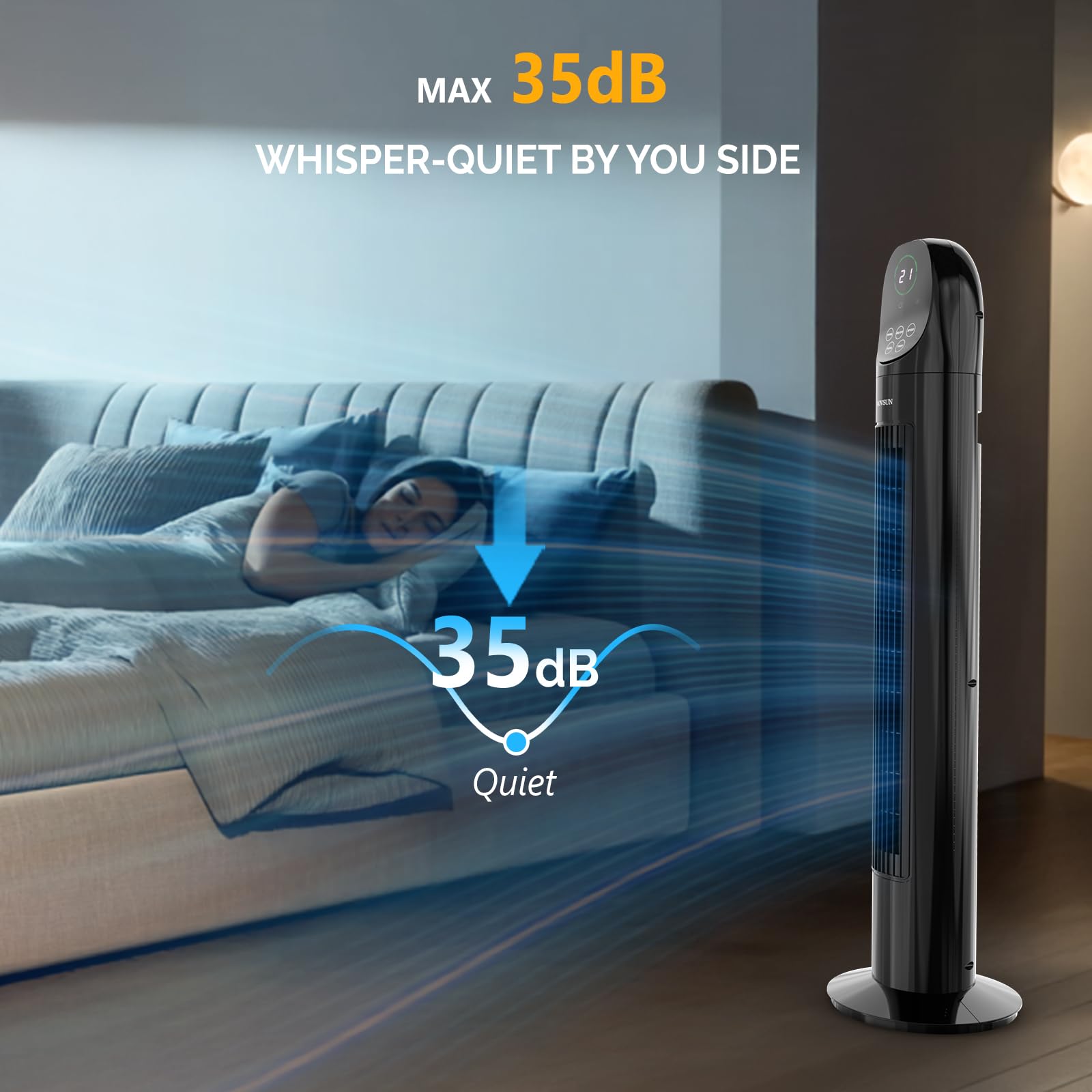 ROVSUN Ventilateur Colonne Silencieux, Ventilateur Tour 34'' (87cm), 35dB, Télécommande, Écran Tactile, Oscillation 90°, 3 Vitesses, 3 Modes, Minuterie 9H, 50W, Noir, Idéal pour Chambre, Salon, Bureau