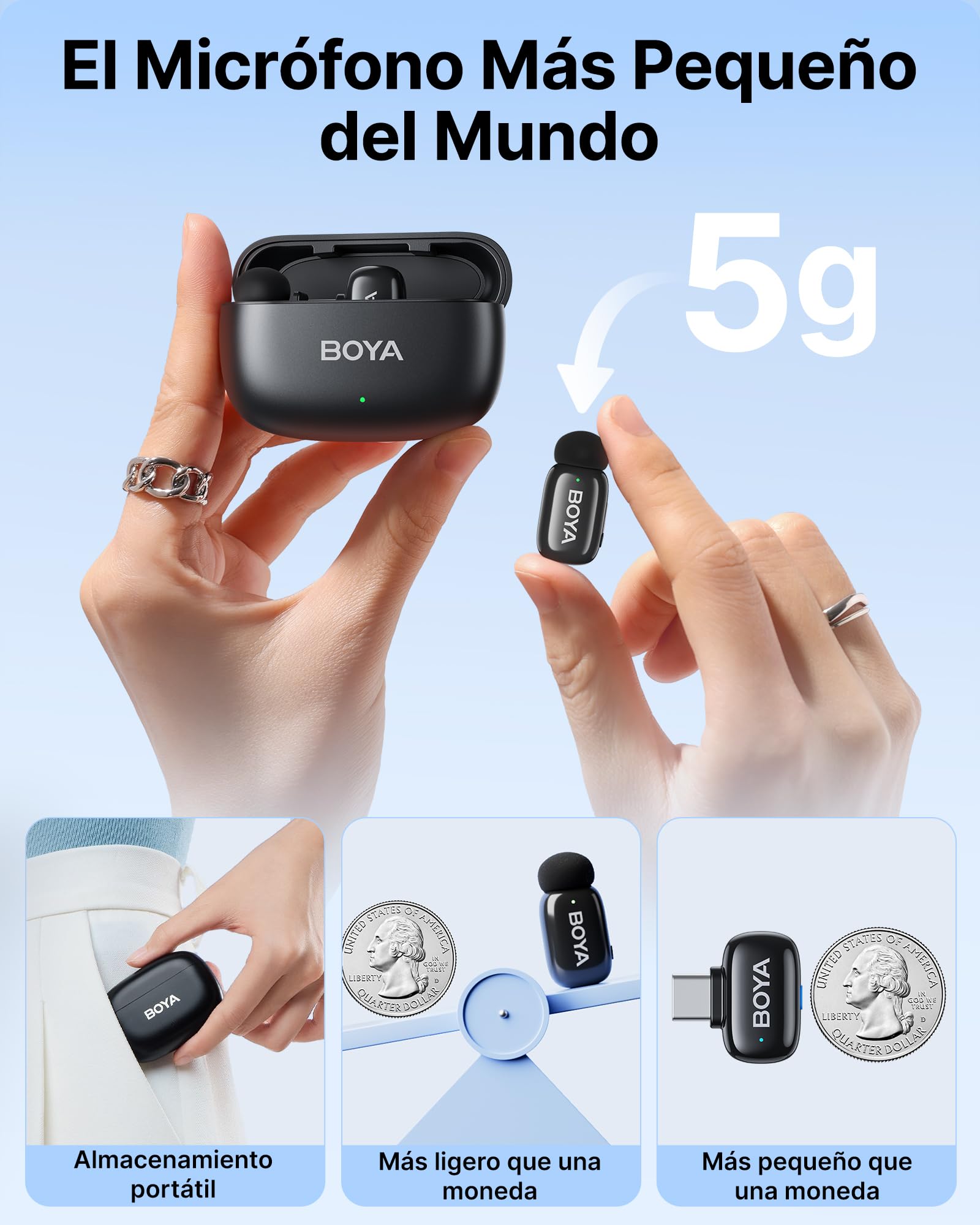 BOYA Mini Microfono Inalambrico (2TX+1RX) para iPhone 15/16, Android, 5g Ultraligero, Micrófono de Solapa, AI Voice Changer, Reducción de Ruido de 3 Niveles, 30h, Microfono Movil con Conector USB-C
