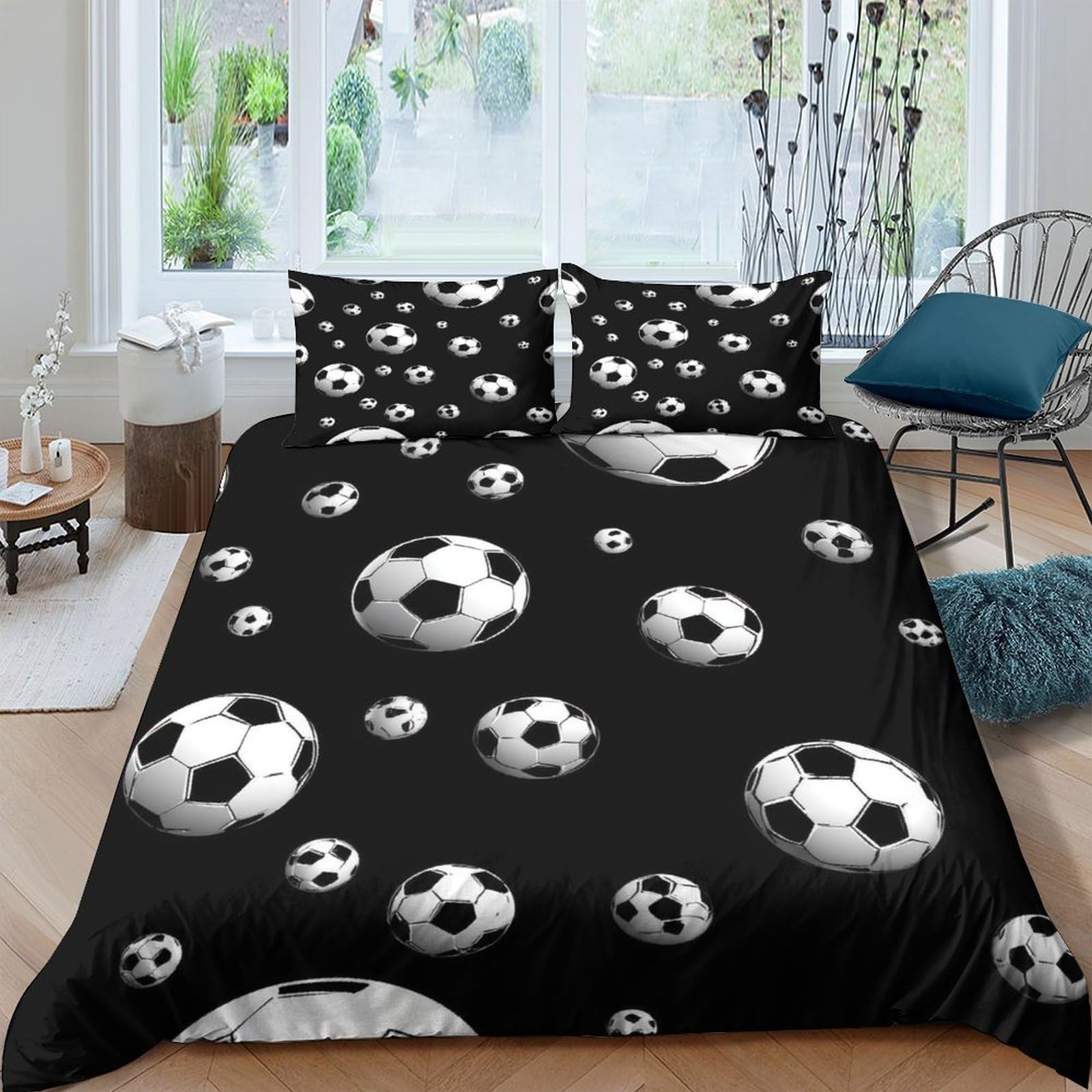 P5V6M1Q9 3D Printed Soccer Ball Duvet Cover Set Microfiber Black Bedding Football Pattern with 2 Pillowcases for Bedroom Decor Single（135x200cm）