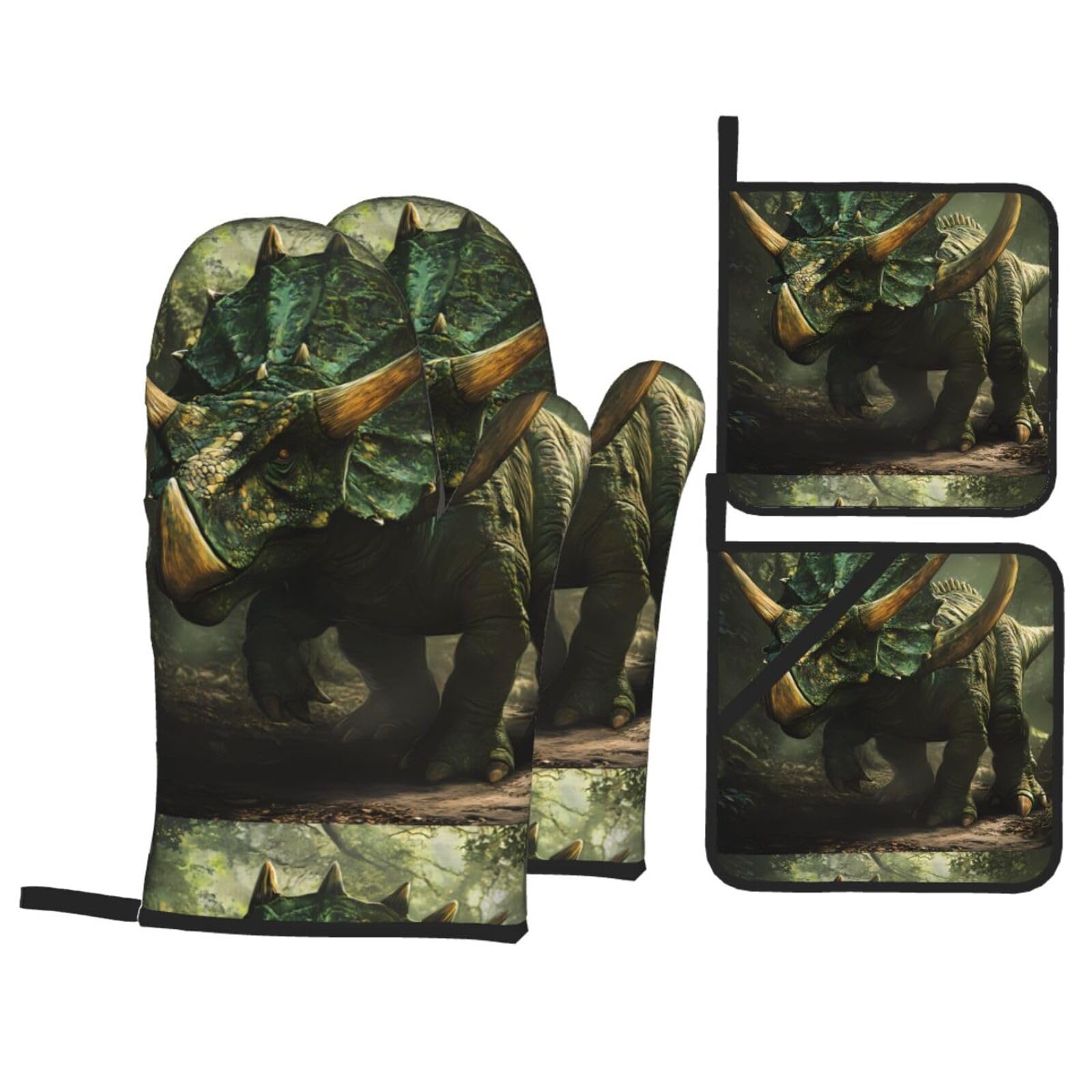 Kitchen Baking Four-Piece Set WHJSSF The Terrifying Triceratops Pattern Heat-Insulating and scalding-Proof for Kitchen Baking and Outdoor Barbecue