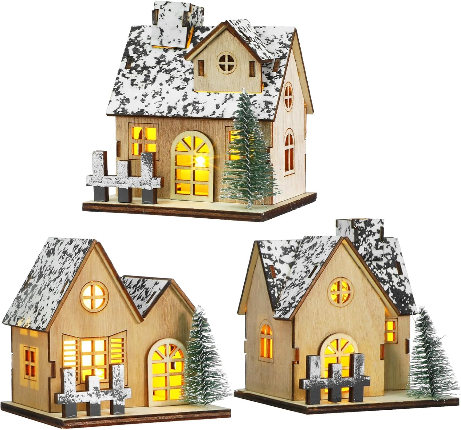 Totority 3pcs Led Wooden Christmas Village Houses, Light Brown Decor