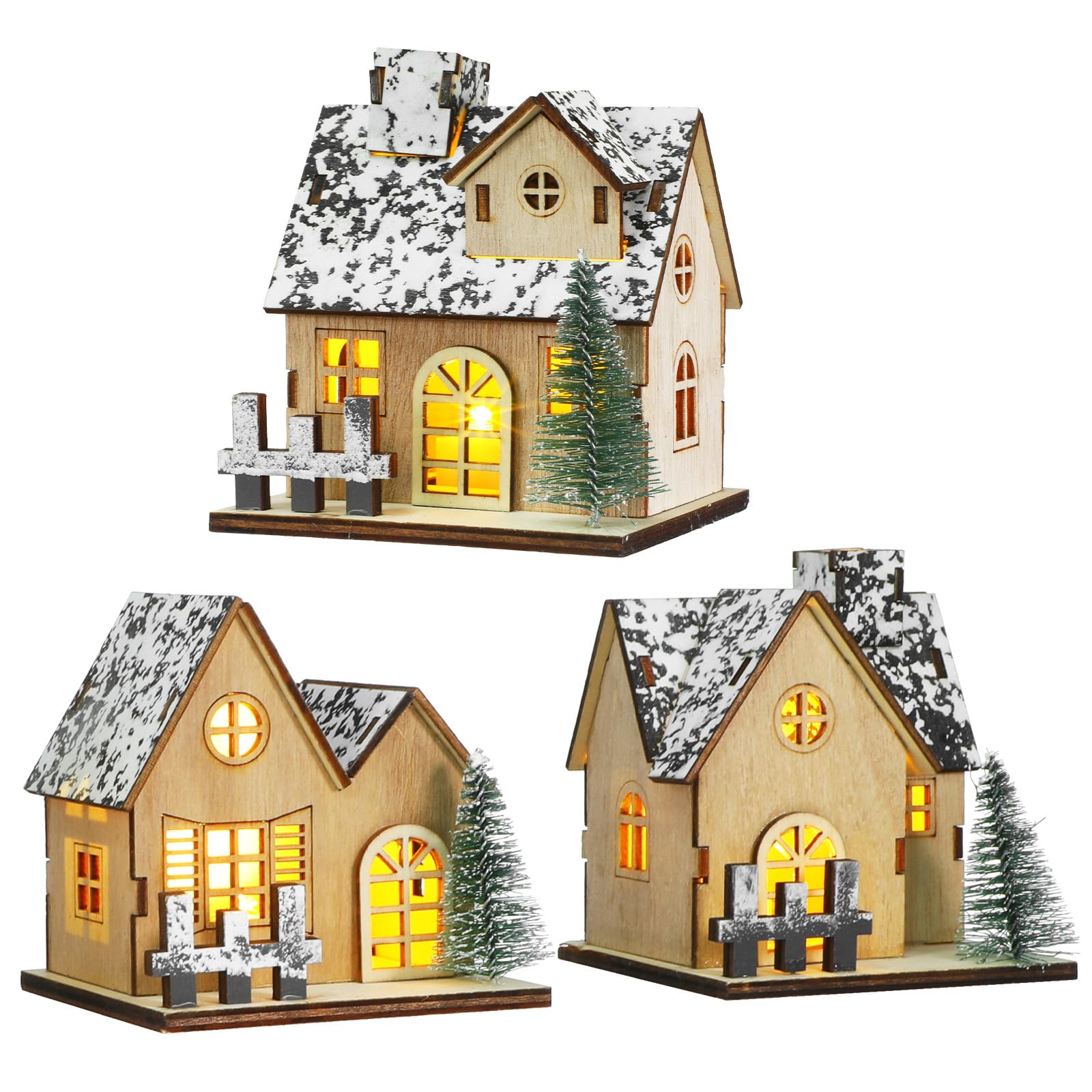 Toddmomy 3stücke Holzhäuser-Set mit Led-lichtern für Weihnachtsdorf-Dekoration Winter-Thema-Accessoires und Festliche Anlässe Rustikale Mini-weihnachtshäuser zum Aufstellen