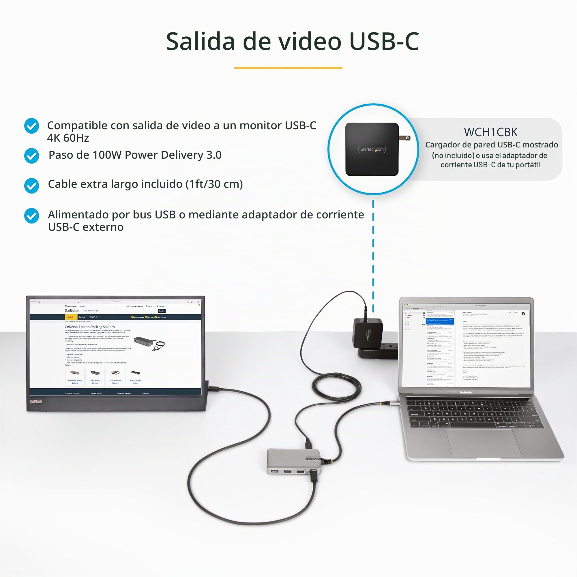 StarTech Hub USB-C de 4 Puertos, 10Gbps, Modo Alt DP 4K 60Hz, PD 100W | Configuración sin Controladores, Protección contra Sobrecorriente y Wake on USB, Cable con TPE